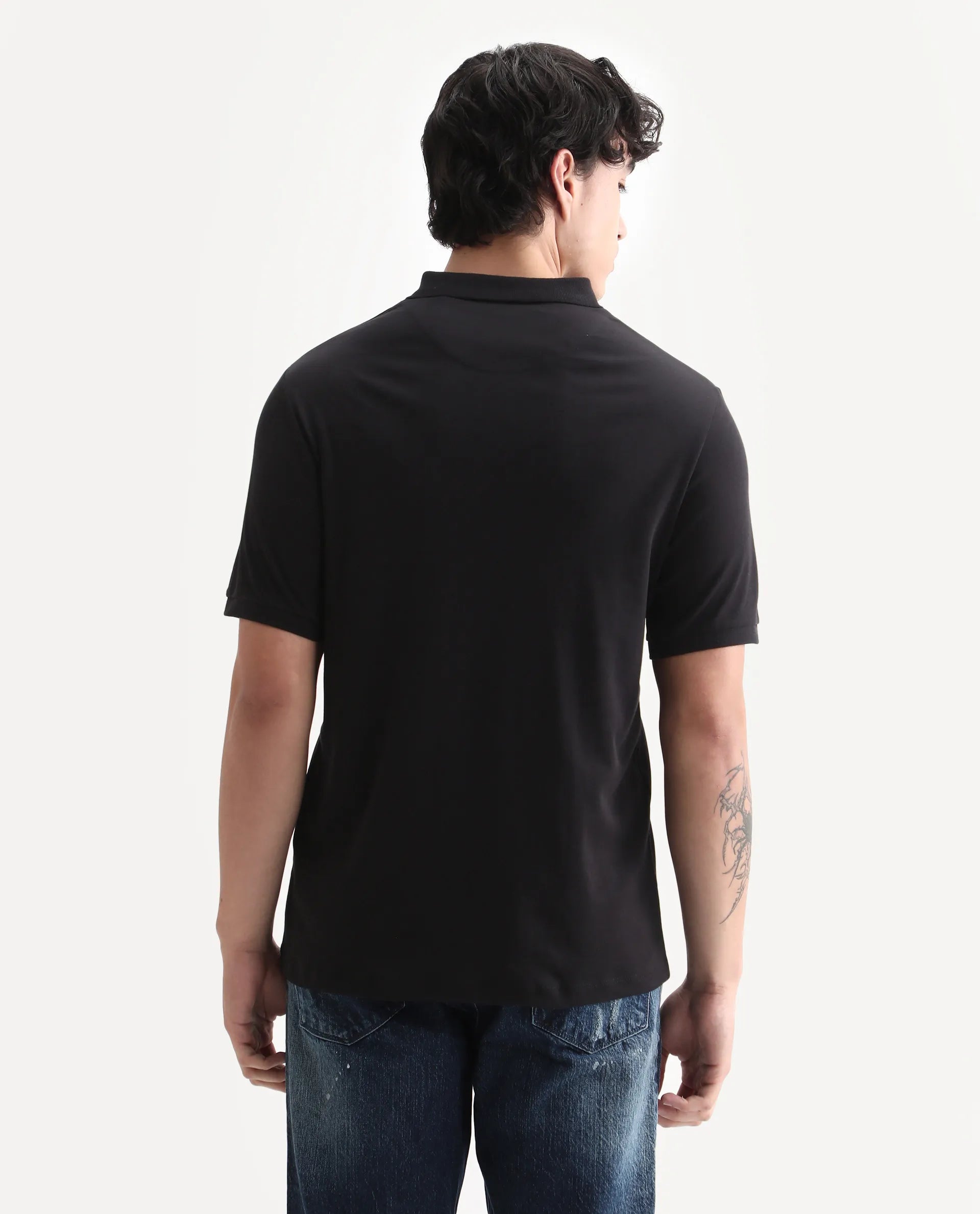 Rare Rabbit Men's Holit Black Cotton Plain Regular Fit Half Sleeve Polo