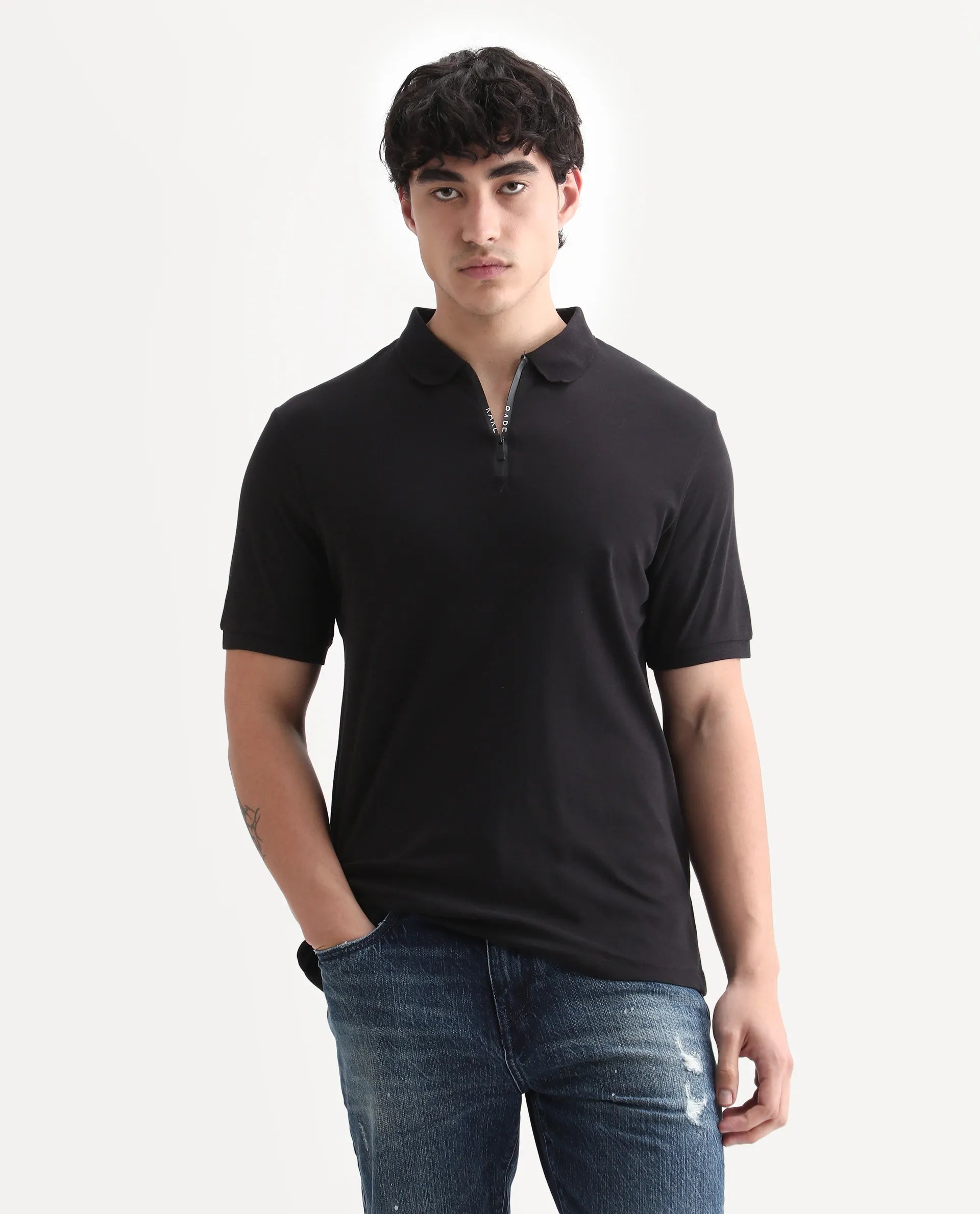 Rare Rabbit Men's Holit Black Cotton Plain Regular Fit Half Sleeve Polo