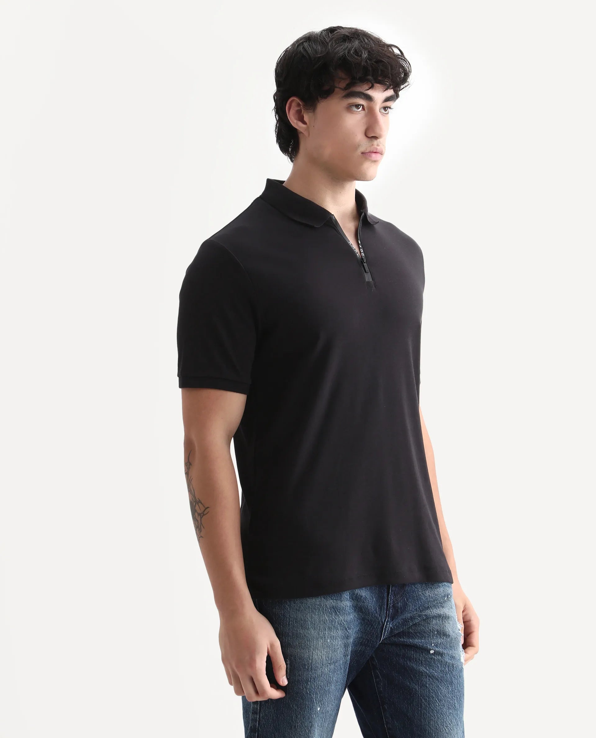 Rare Rabbit Men's Holit Black Cotton Plain Regular Fit Half Sleeve Polo