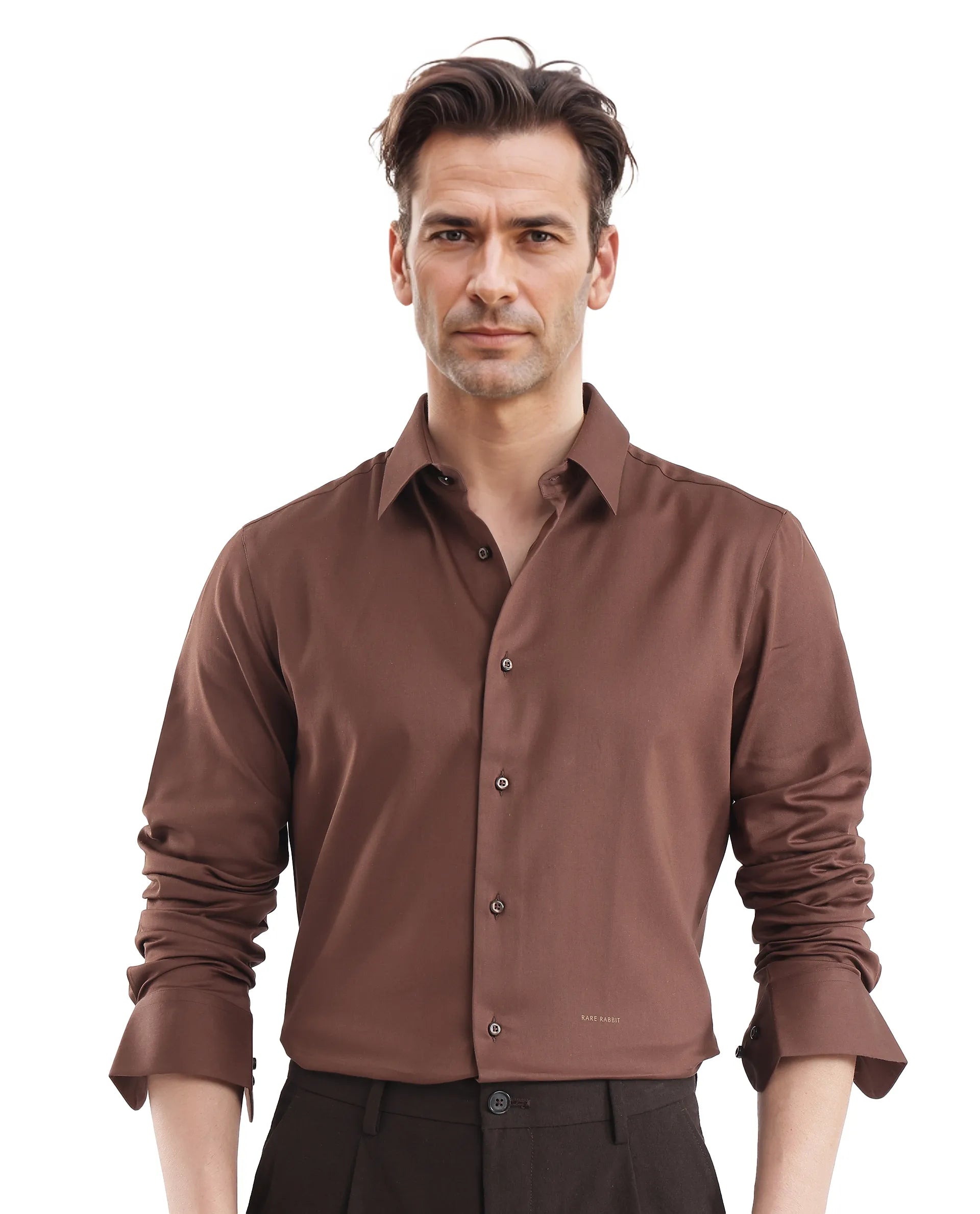 Rare Rabbit Men Holla-25 Brown Cotton Poly Fabric Full Sleeve Collared Neck Button Closure Plain Shirt