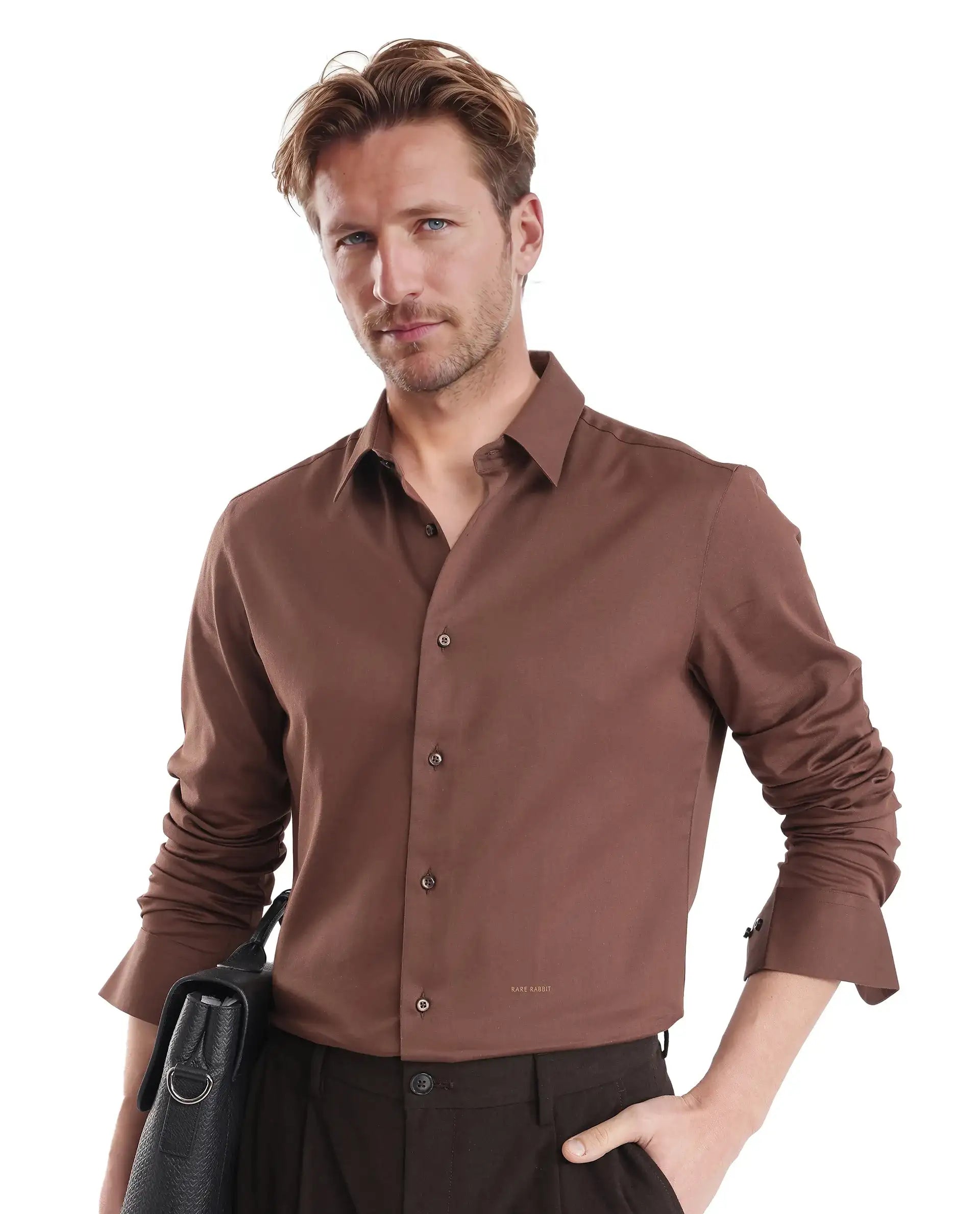 Rare Rabbit Men Holla-25 Brown Cotton Poly Fabric Full Sleeve Collared Neck Button Closure Plain Shirt