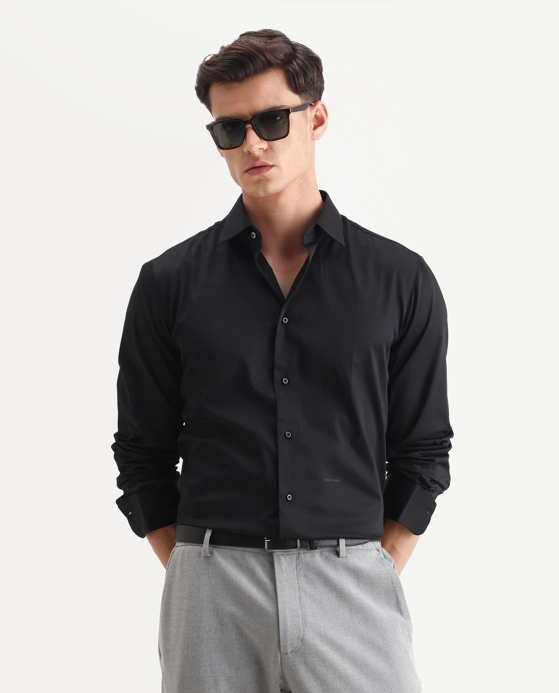 Rare Rabbit Men's Holla-26 Black Cotton Plain Regular Fit Full Sleeve Collared Shirt