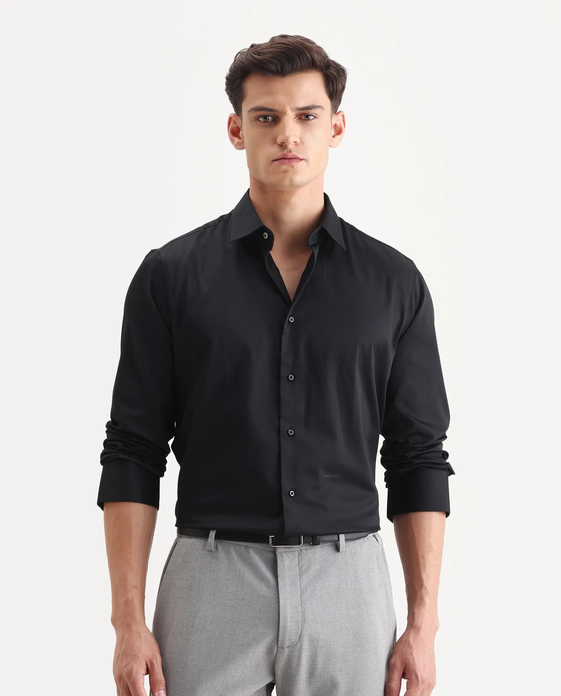 Rare Rabbit Men's Holla-26 Black Cotton Plain Regular Fit Full Sleeve Collared Shirt