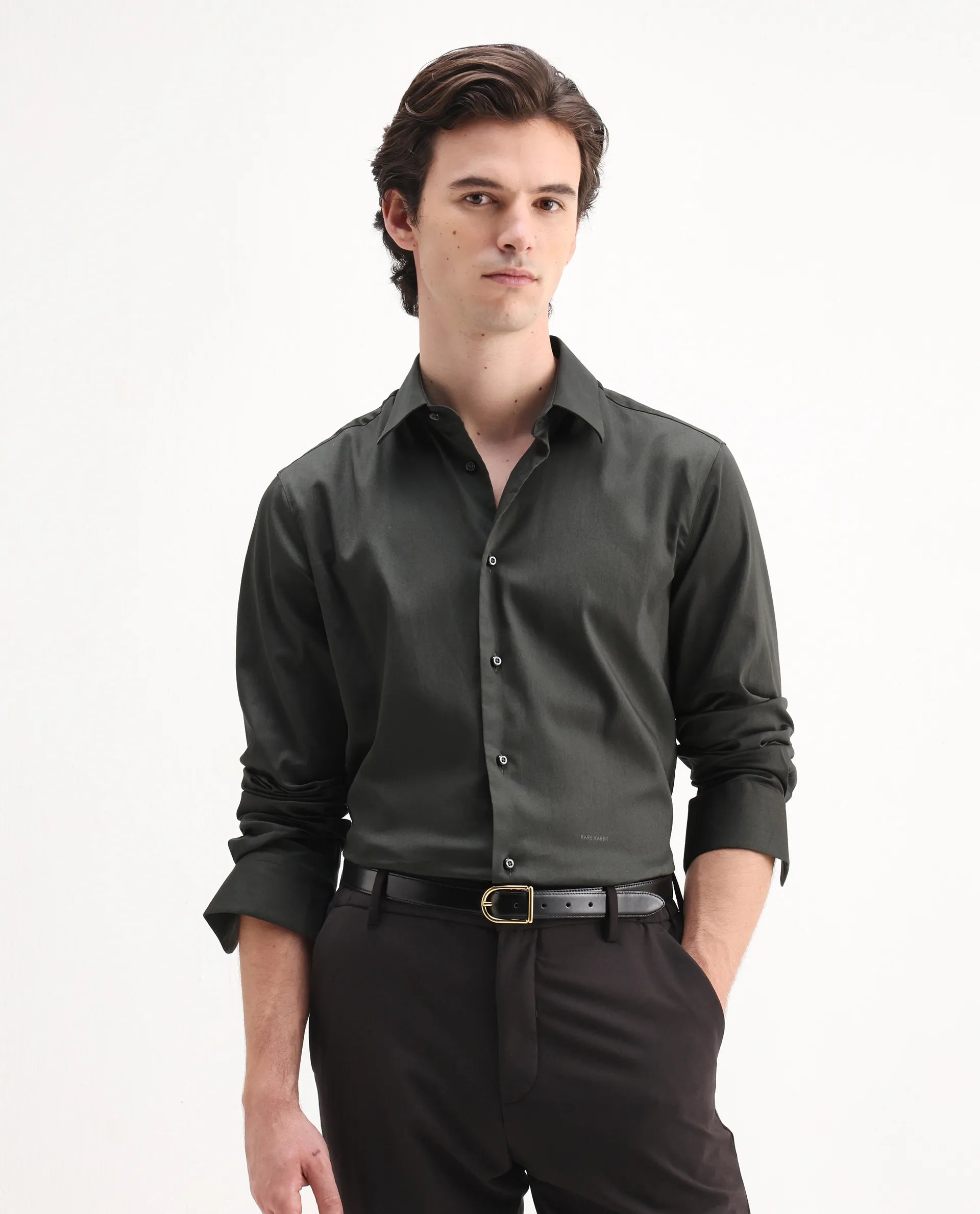 Rare Rabbit Men's Holla-26 Olive Cotton Plain Regular Fit Full Sleeve Collared Shirt
