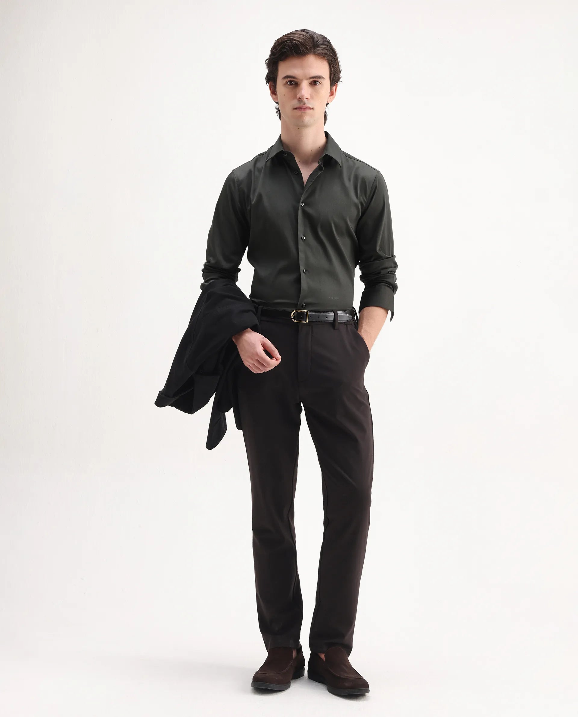 Rare Rabbit Men's Holla-26 Olive Cotton Plain Regular Fit Full Sleeve Collared Shirt