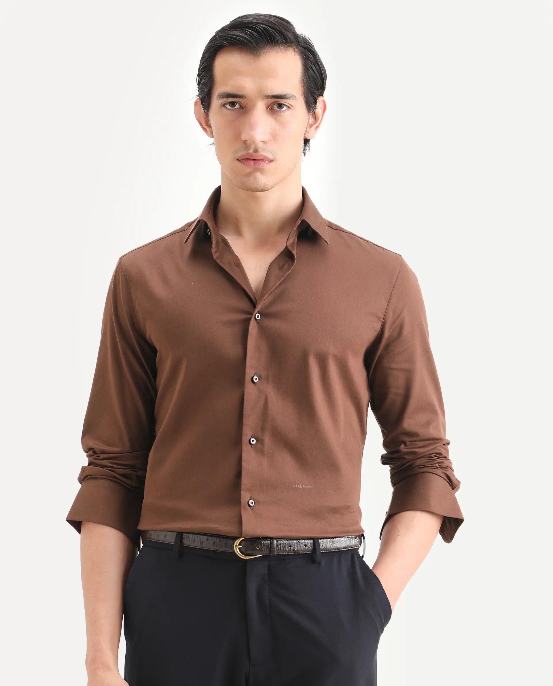 Rare Rabbit Men's Holla-Ss26 Brown Cotton Blend Fabric Full Sleeve Spread Collar Regular Fit Plain Shirt