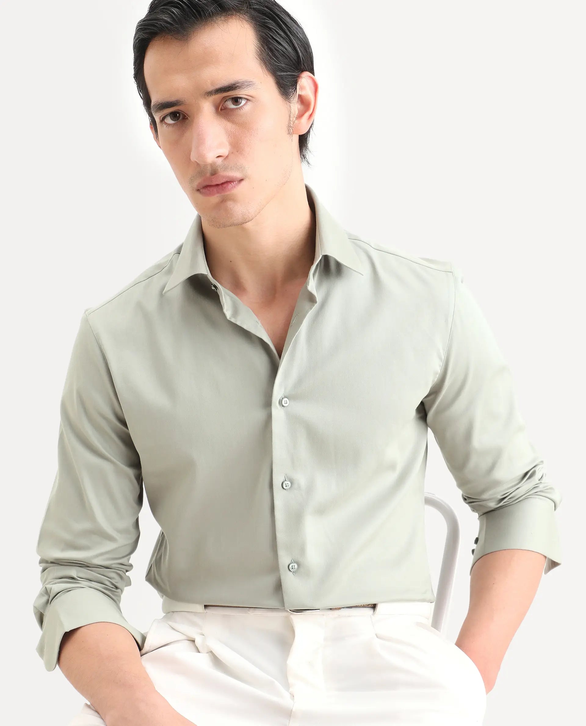 Rare Rabbit Men's Holla-Ss26 Pastel Green Cotton Blend Fabric Full Sleeve Spread Collar Regular Fit Plain Shirt