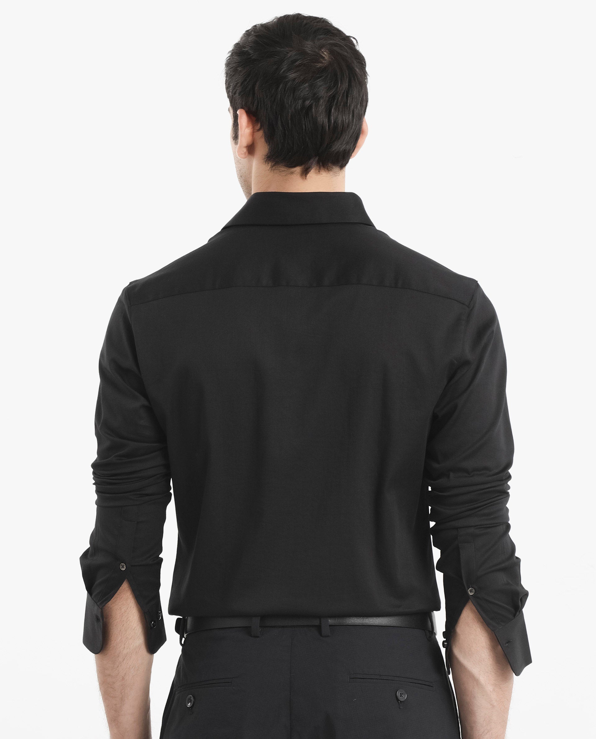 Rare Rabbit Men's Holla Black Full Sleeves Regular Fit Satin Stretch Cotton Plain Shirt