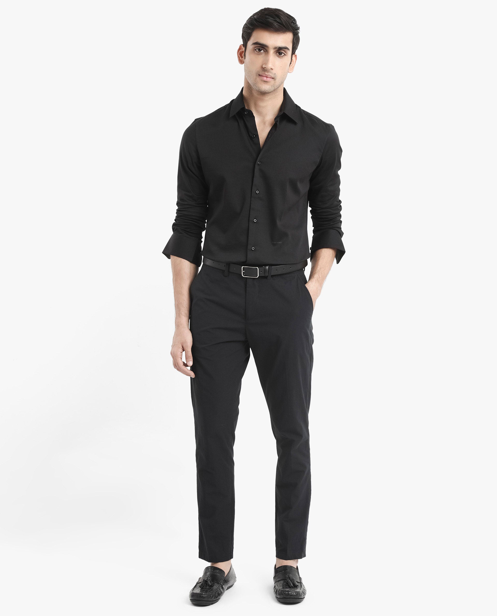 Rare Rabbit Men's Holla Black Full Sleeves Regular Fit Satin Stretch Cotton Plain Shirt