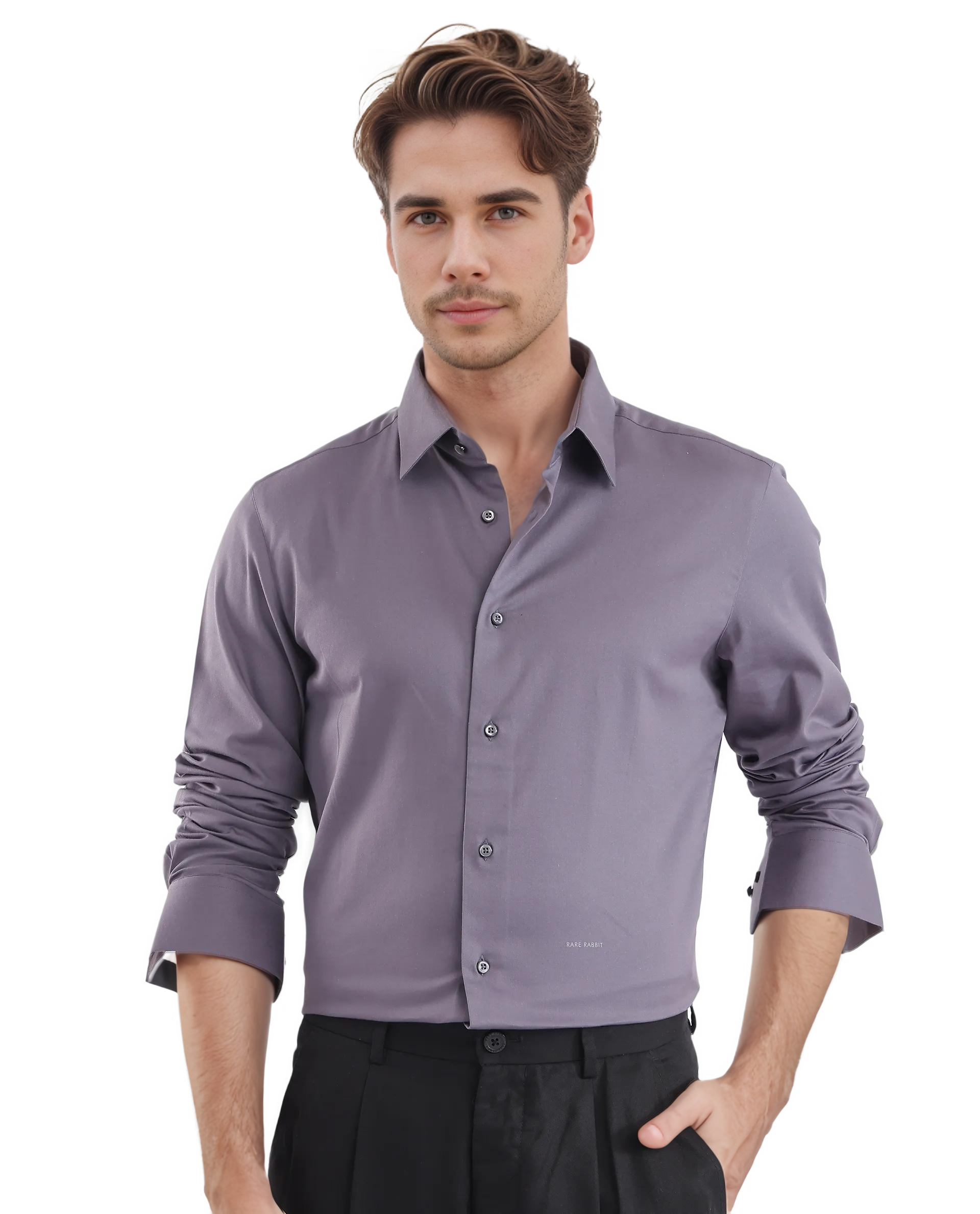 Rare Rabbit Men Holla-25 Dusky Purple Cotton Satin Blend Fabric Full Sleeves Collared Neck Button Closure Plain Shirt
