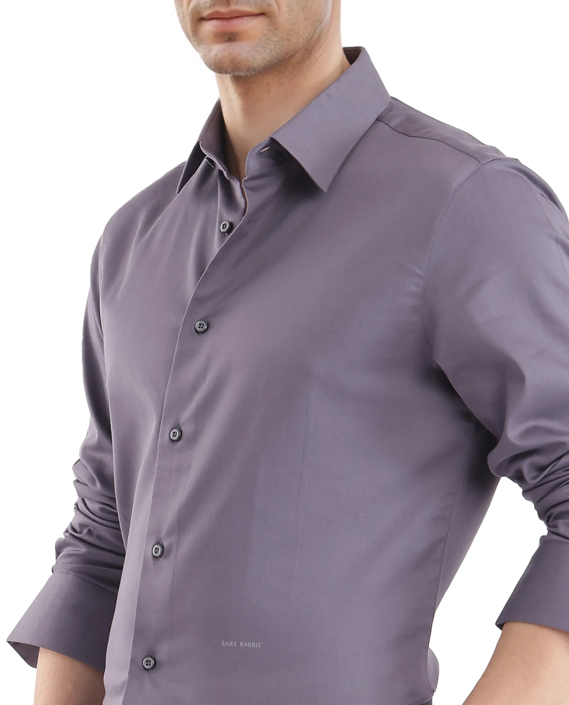 Rare Rabbit Men Holla-25 Dusky Purple Cotton Satin Blend Fabric Full Sleeves Collared Neck Button Closure Plain Shirt