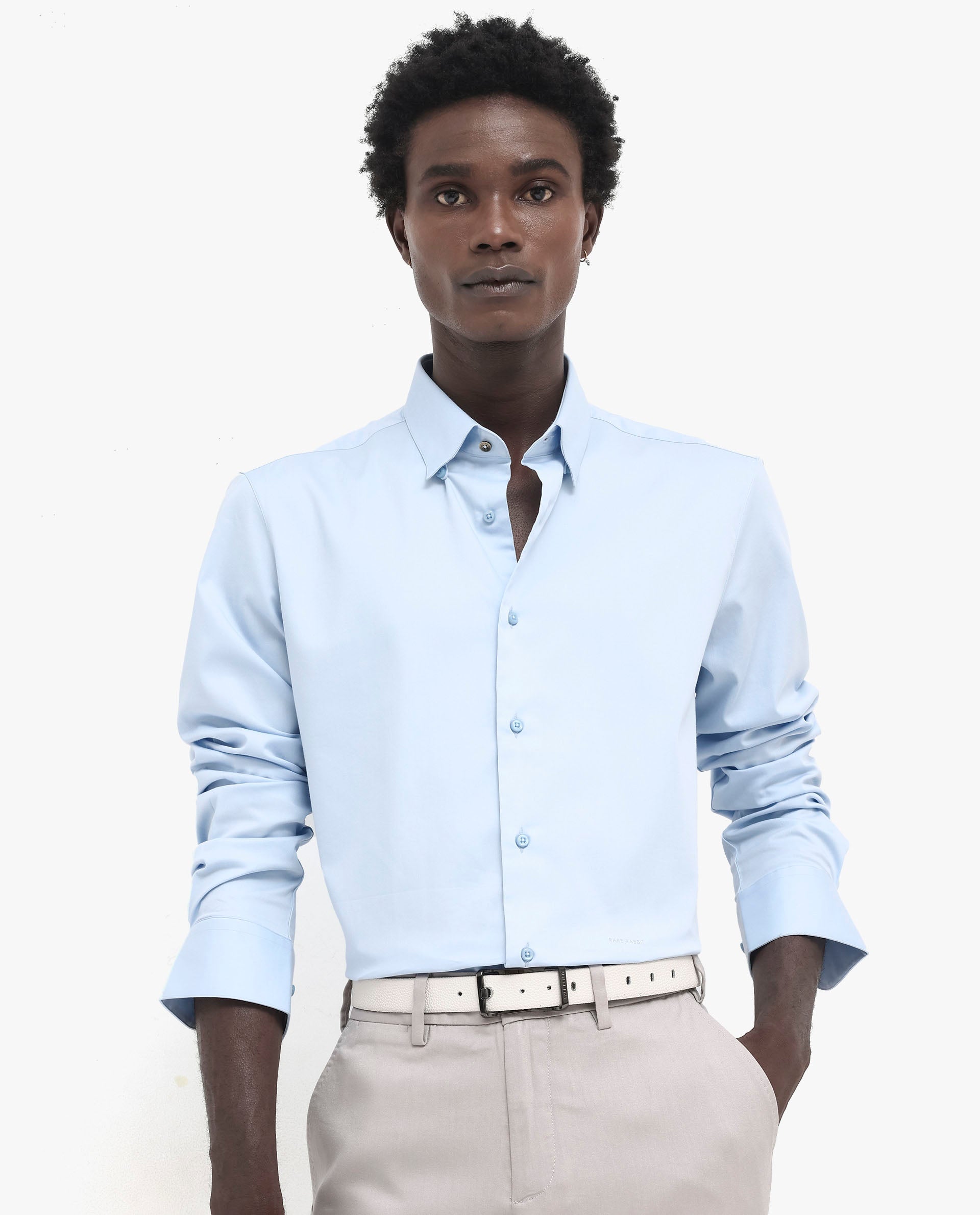 Rare Rabbit Men's Holand Light Blue Satin Fabric Full Sleeves Solid Shirt