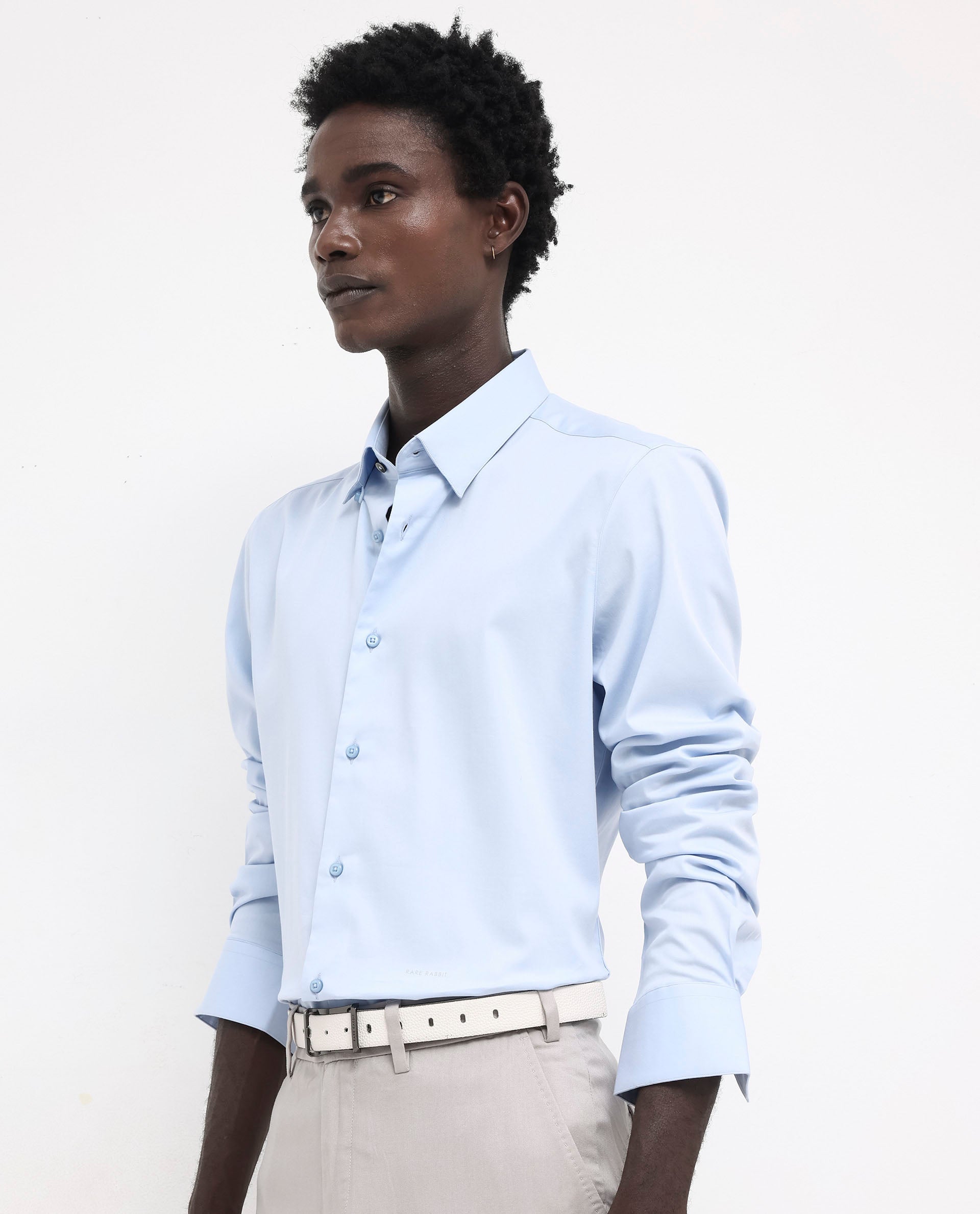 Rare Rabbit Men's Holand Light Blue Satin Fabric Full Sleeves Solid Shirt