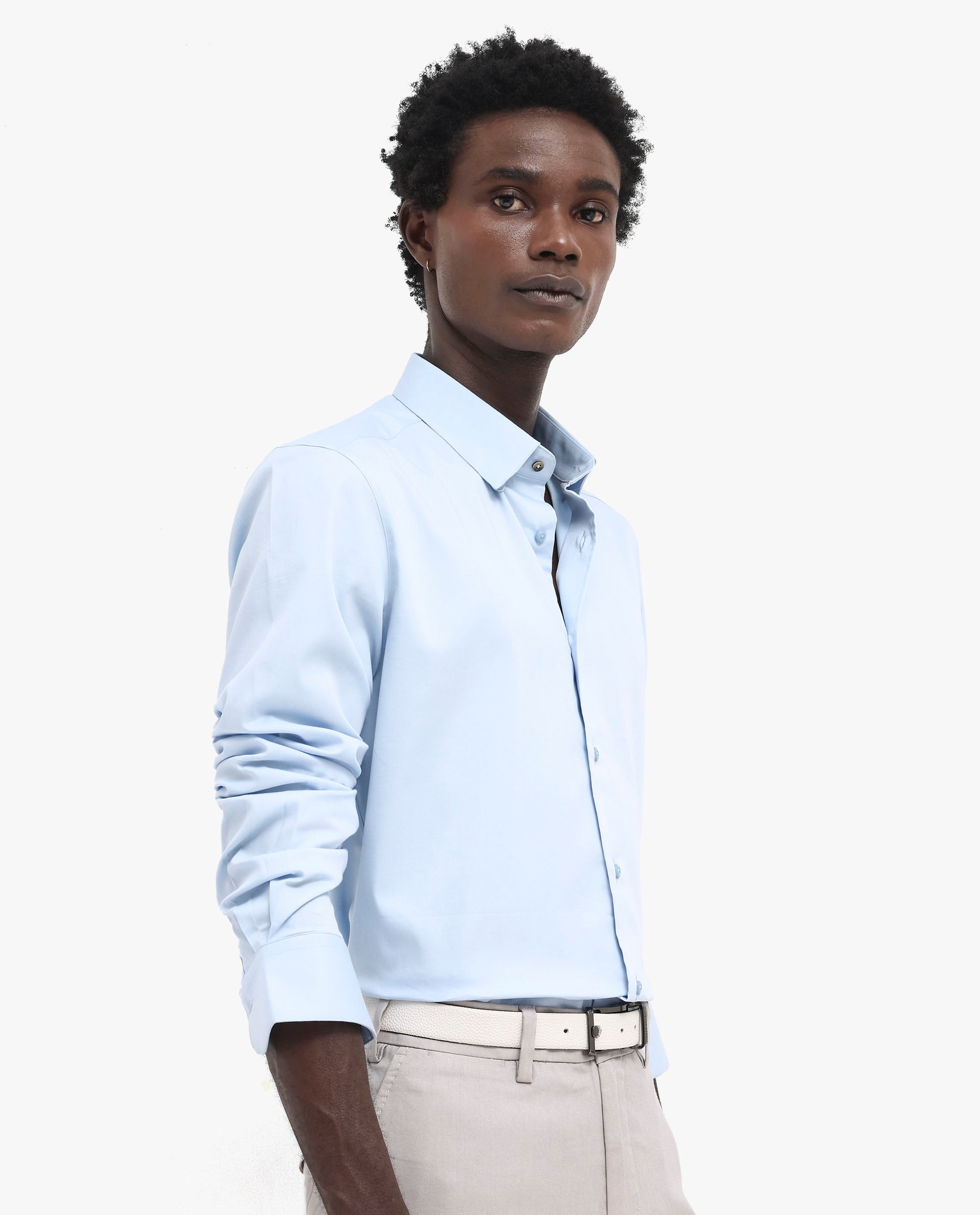 Rare Rabbit Men's Holand Light Blue Satin Fabric Full Sleeves Solid Shirt