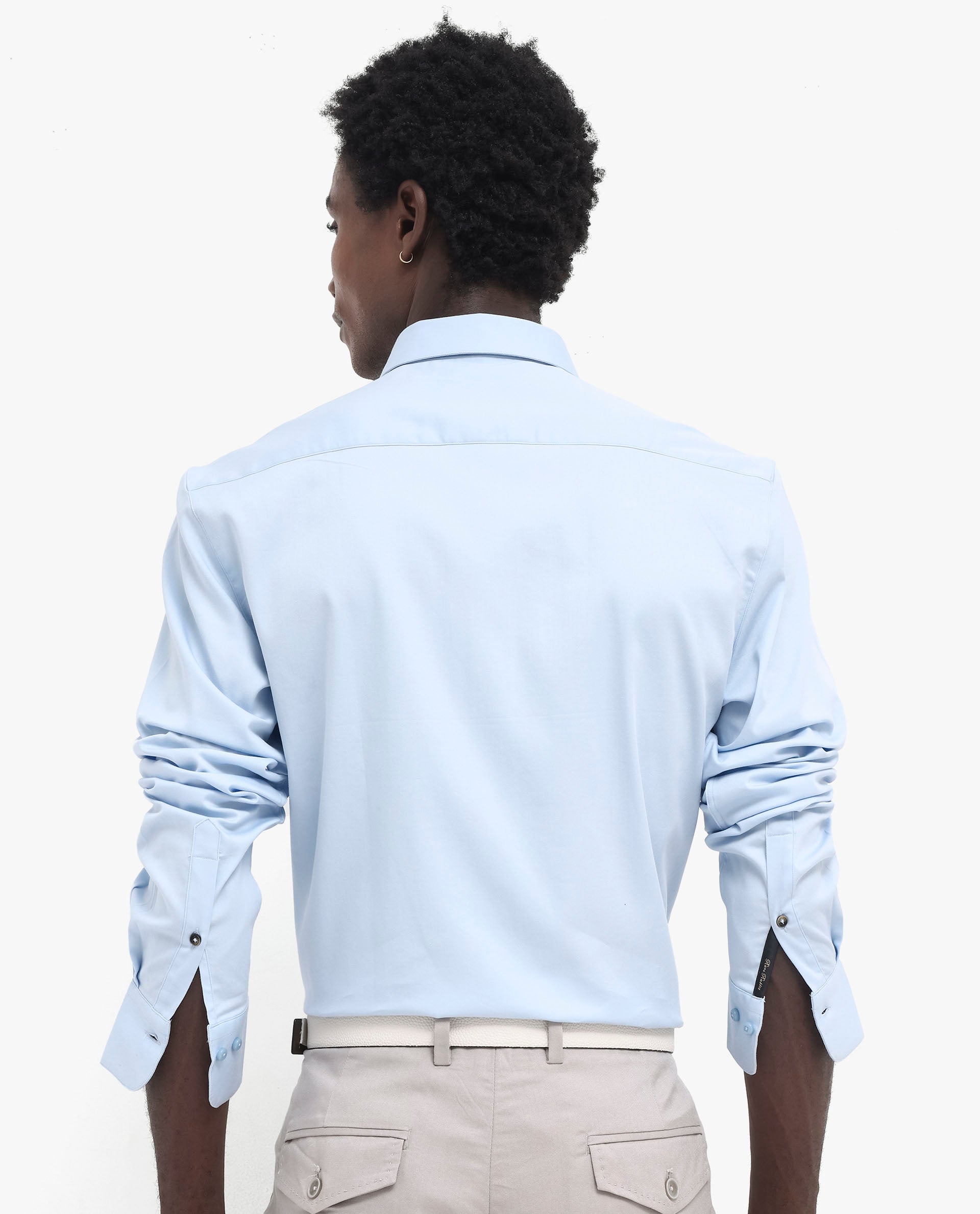 Rare Rabbit Men's Holand Light Blue Satin Fabric Full Sleeves Solid Shirt