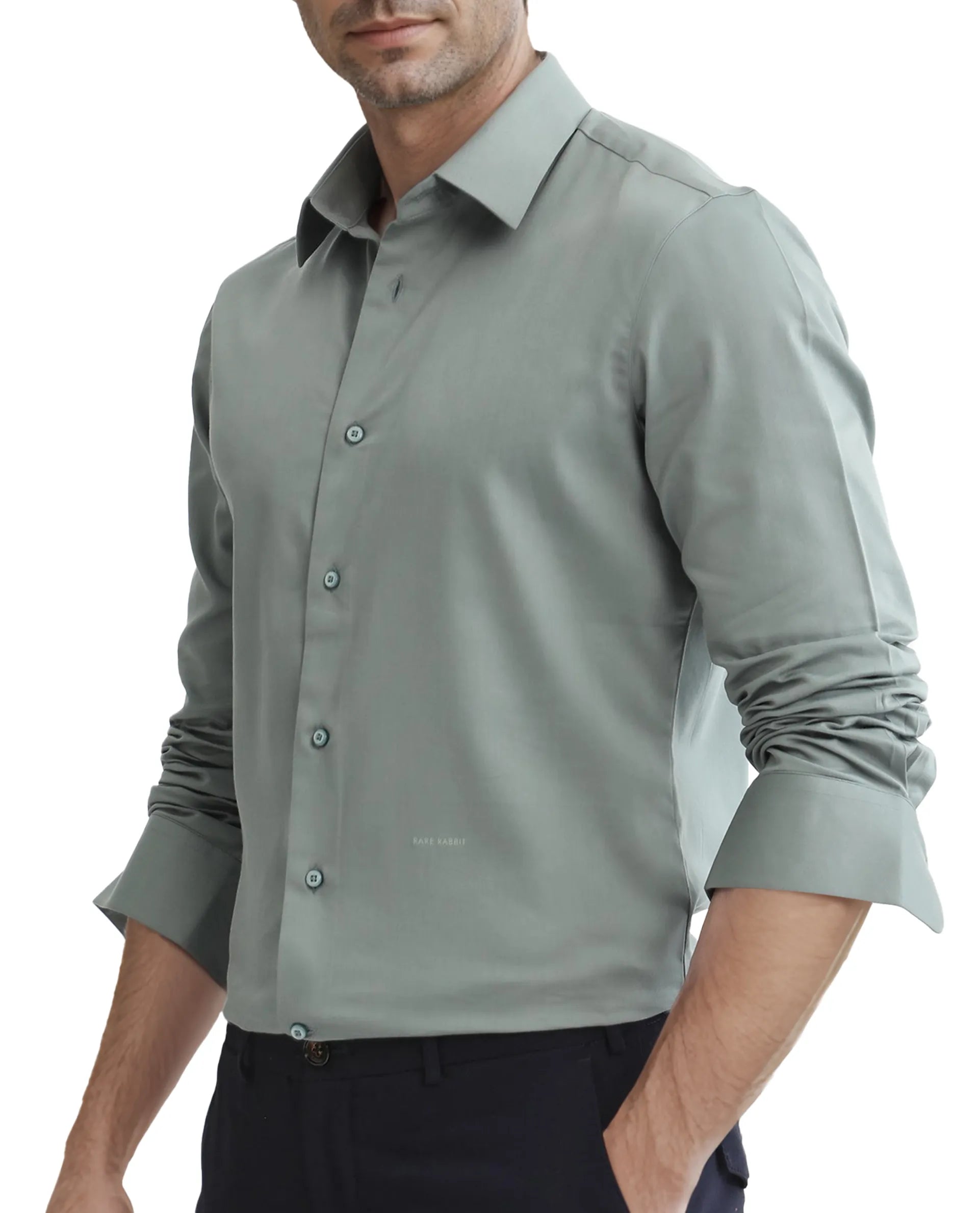 Rare Rabbit Men Holla-25 Dusky Green Cotton Poly Fabric Full Sleeve Collared Neck Button Closure Plain Shirt