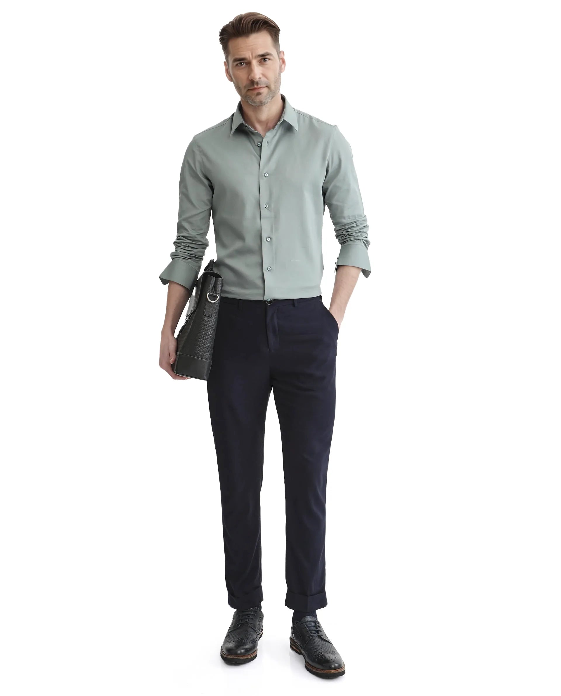 Rare Rabbit Men Holla-25 Dusky Green Cotton Poly Fabric Full Sleeve Collared Neck Button Closure Plain Shirt