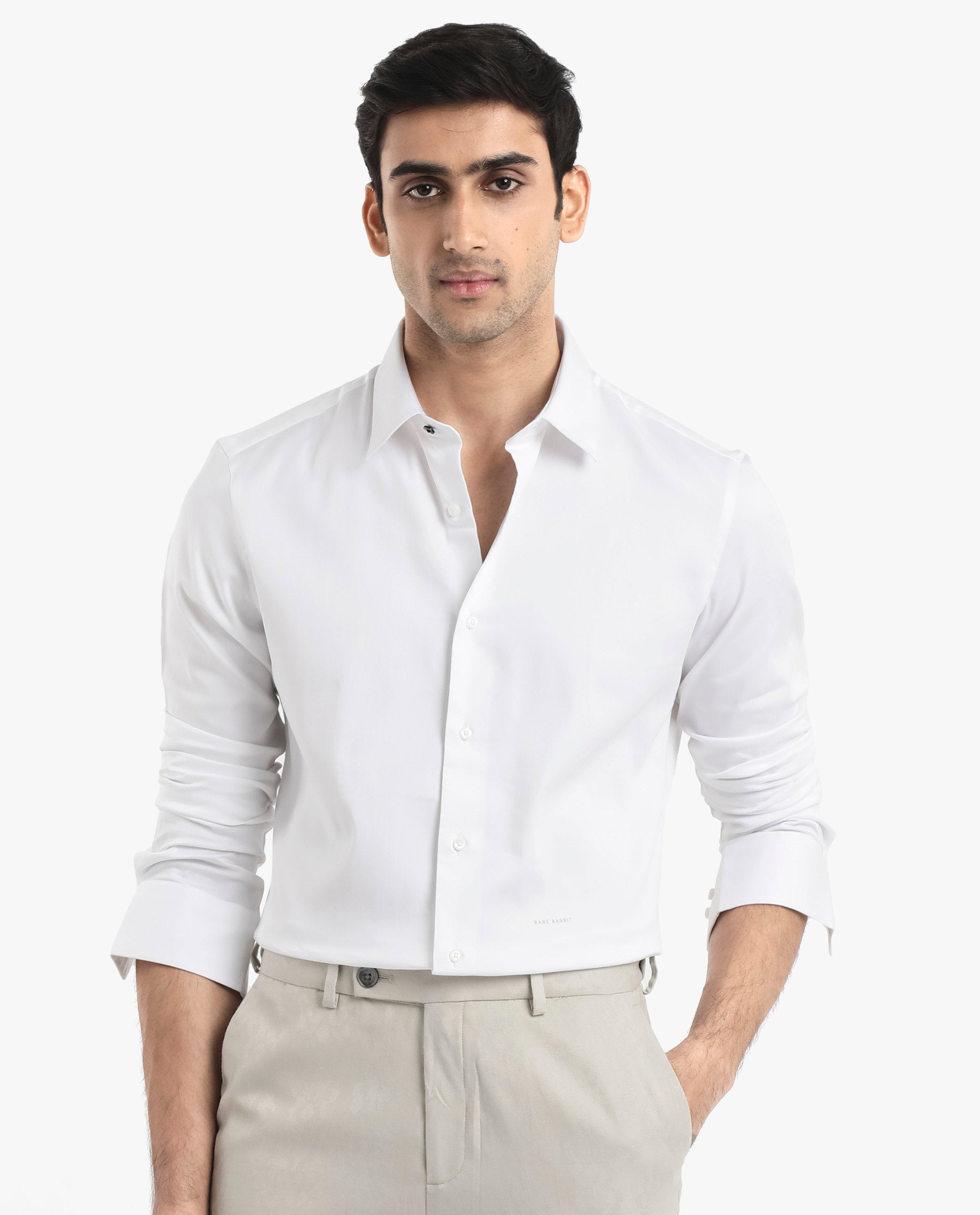 Rare Rabbit Men's Holla White Full Sleeves Regular Fit Satin Stretch Cotton Plain Shirt