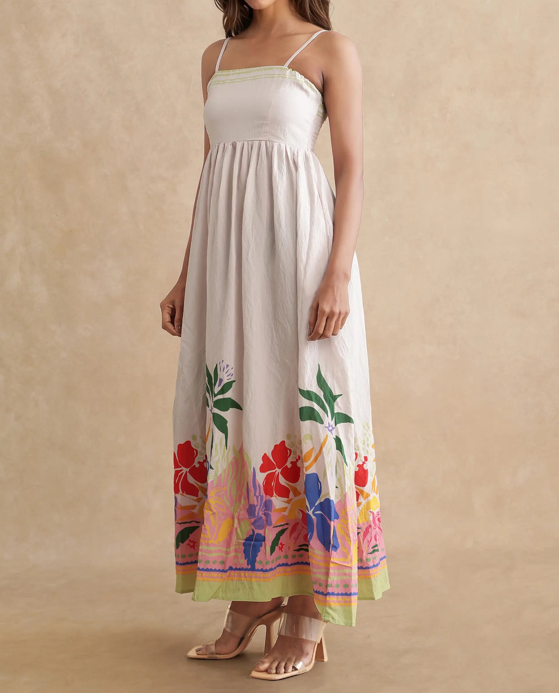 Rareism Women's Holley Multi Rayon Shoulder Strap Floral Print Shoulder Strap Maxi Fit And Flare Dress