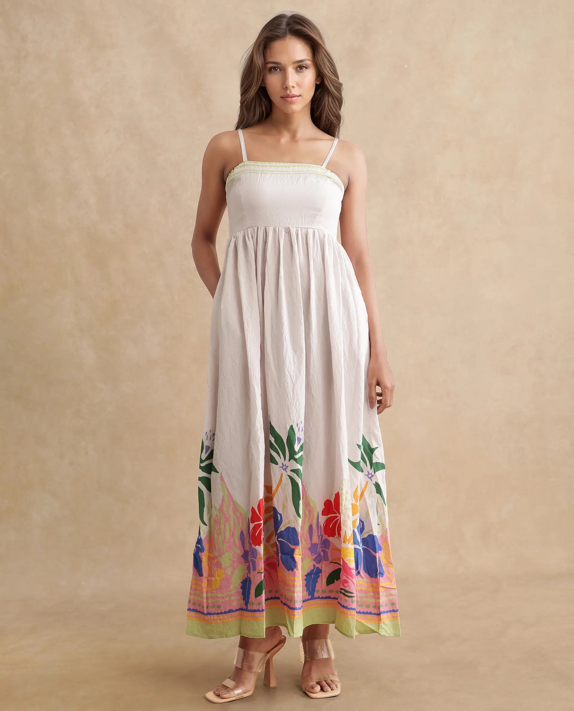 Rareism Women's Holley Multi Rayon Shoulder Strap Floral Print Shoulder Strap Maxi Fit And Flare Dress