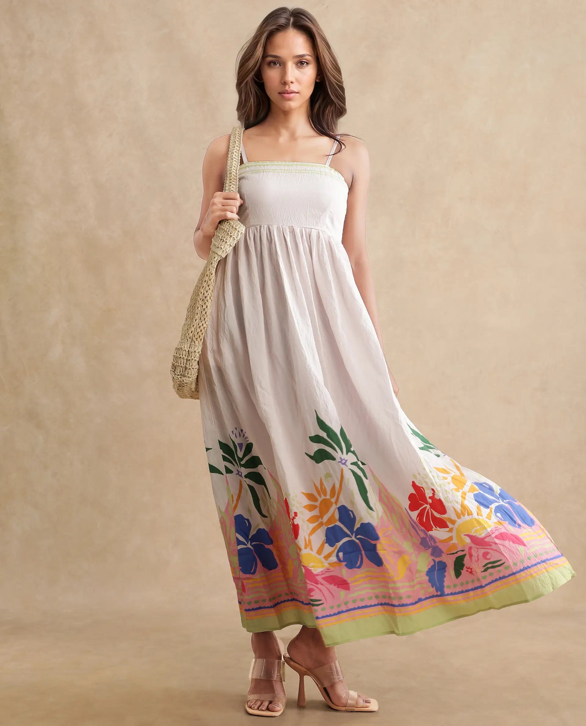 Rareism Women's Holley Multi Rayon Shoulder Strap Floral Print Shoulder Strap Maxi Fit And Flare Dress