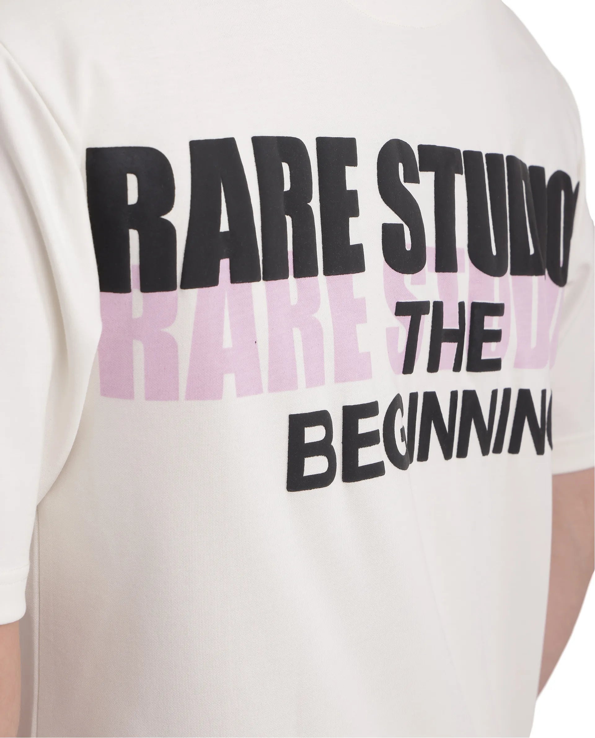 Rare Rabbit Men Hol Off White Cotton Poly Fabric Short Sleeve Boxy Fit Typography Backprint T-Shirt