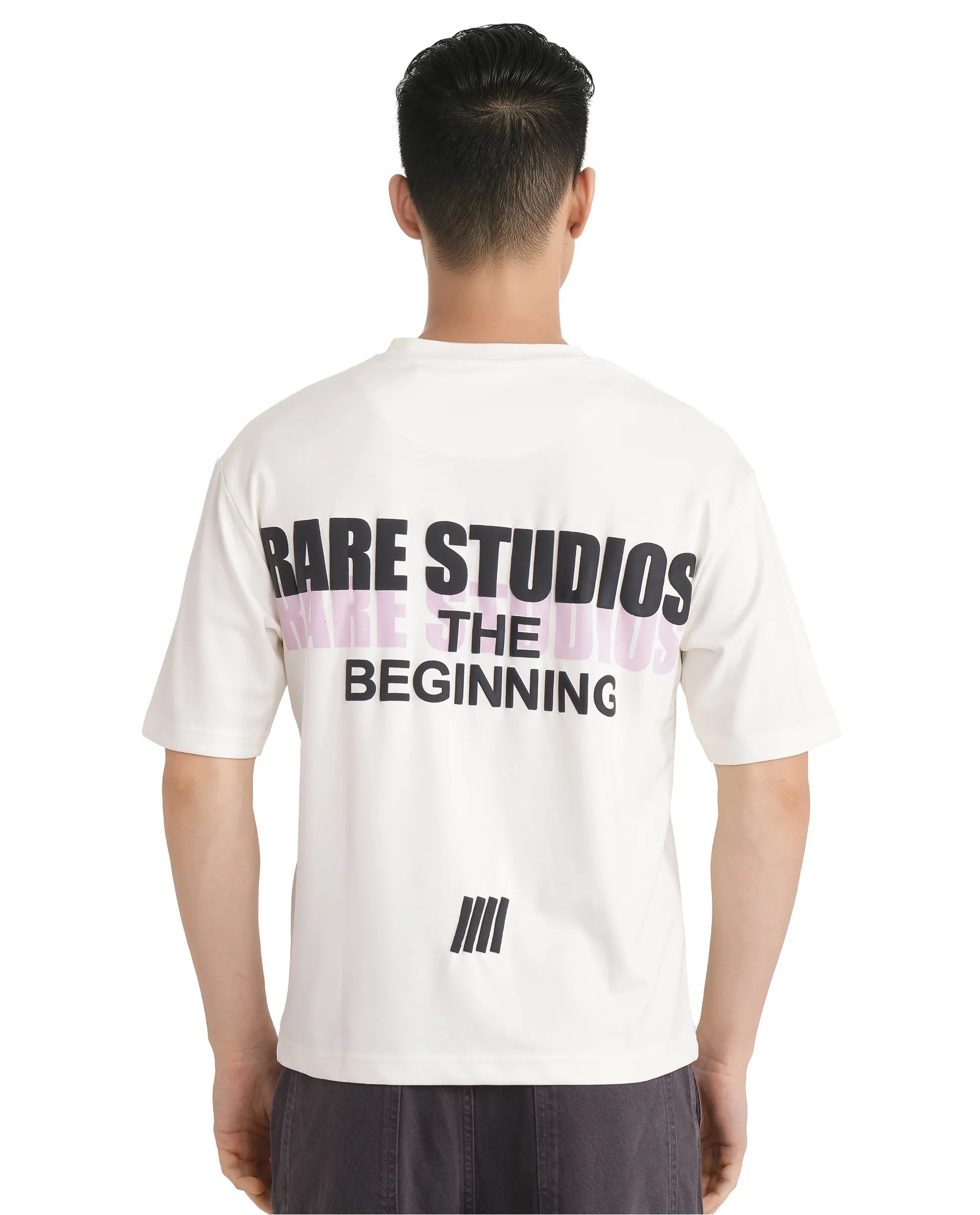 Rare Rabbit Men Hol Off White Cotton Poly Fabric Short Sleeve Boxy Fit Typography Backprint T-Shirt