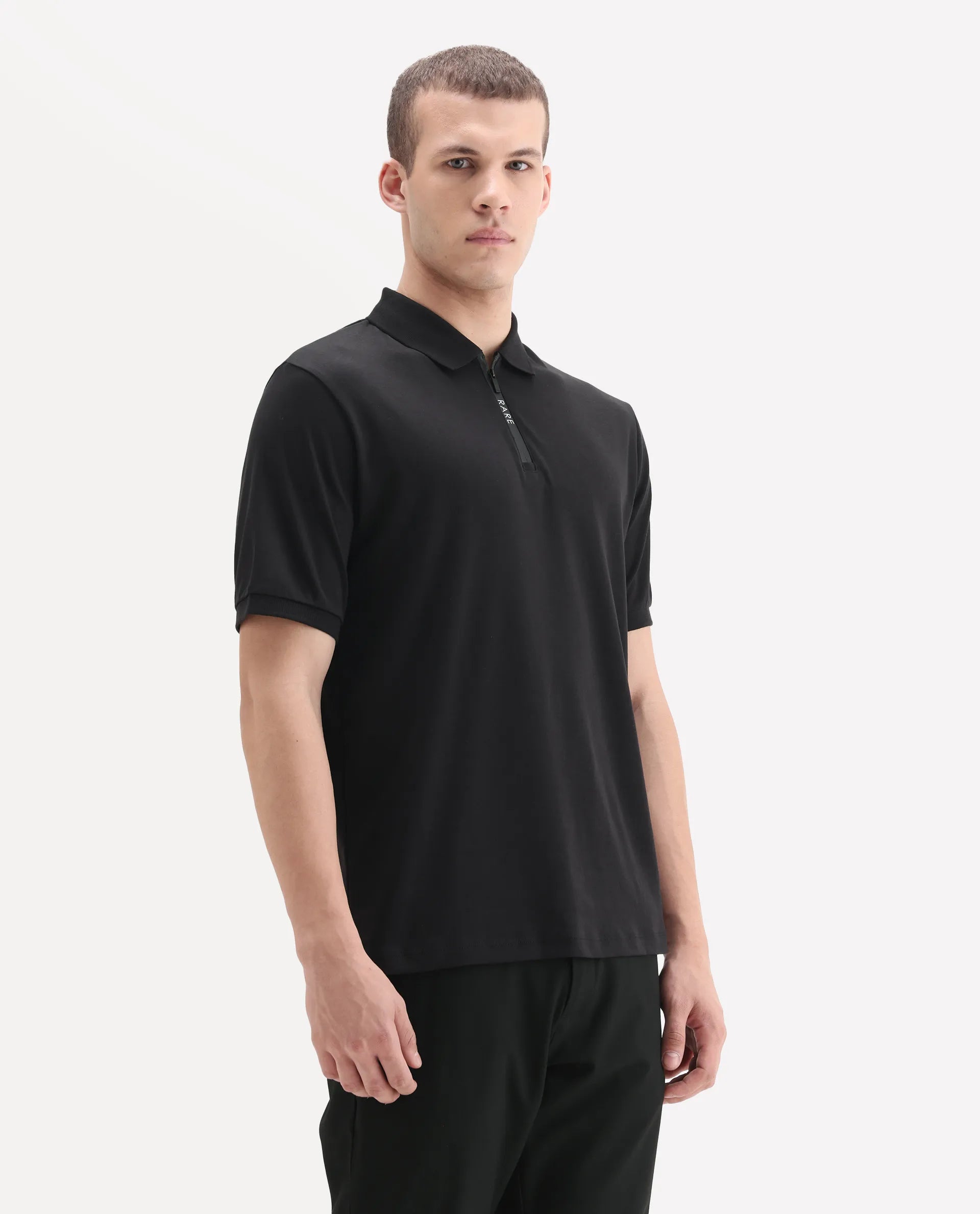 Rare Rabbit Men's Holit-1 Black Cotton Plain Regular Fit Half Sleeve Polo