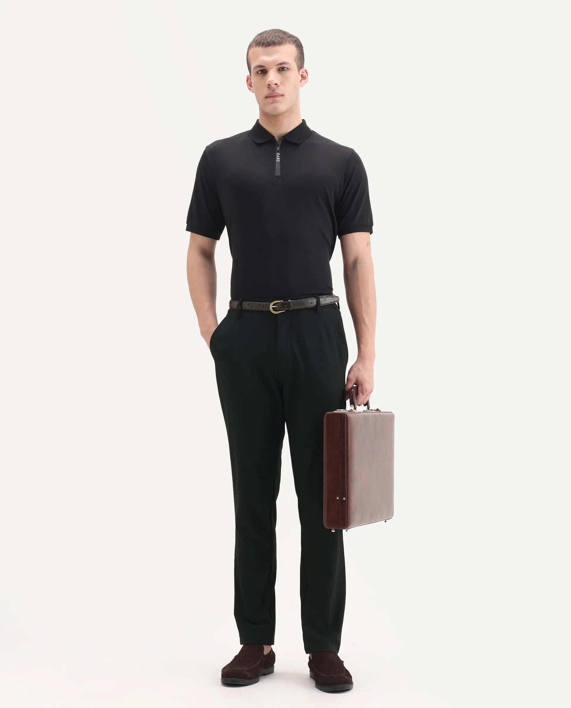 Rare Rabbit Men's Holit-1 Black Cotton Plain Regular Fit Half Sleeve Polo