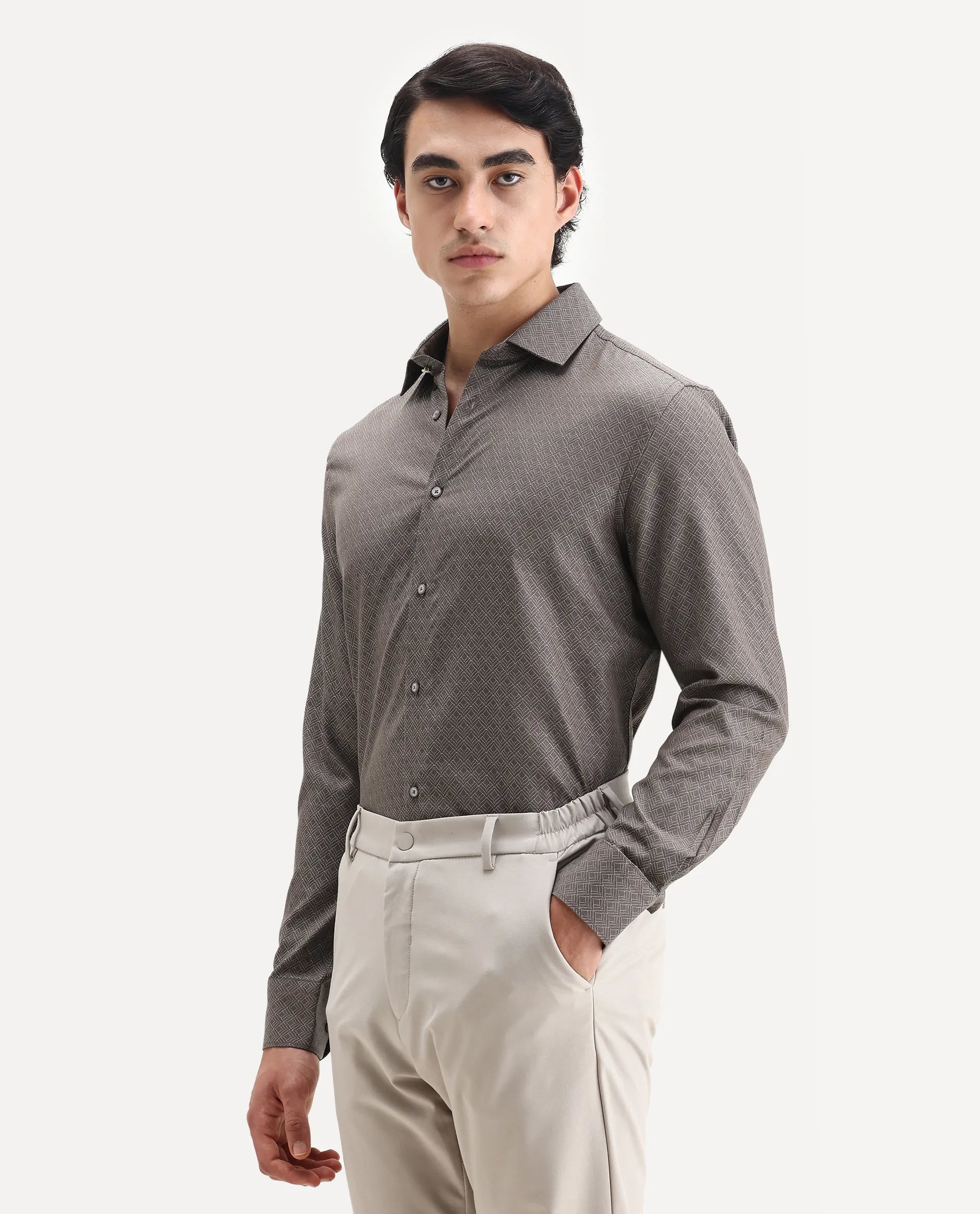 Rare Rabbit Men's Homa Brown Cotton Jacquard Regular Fit Full Sleeve Collared Shirt