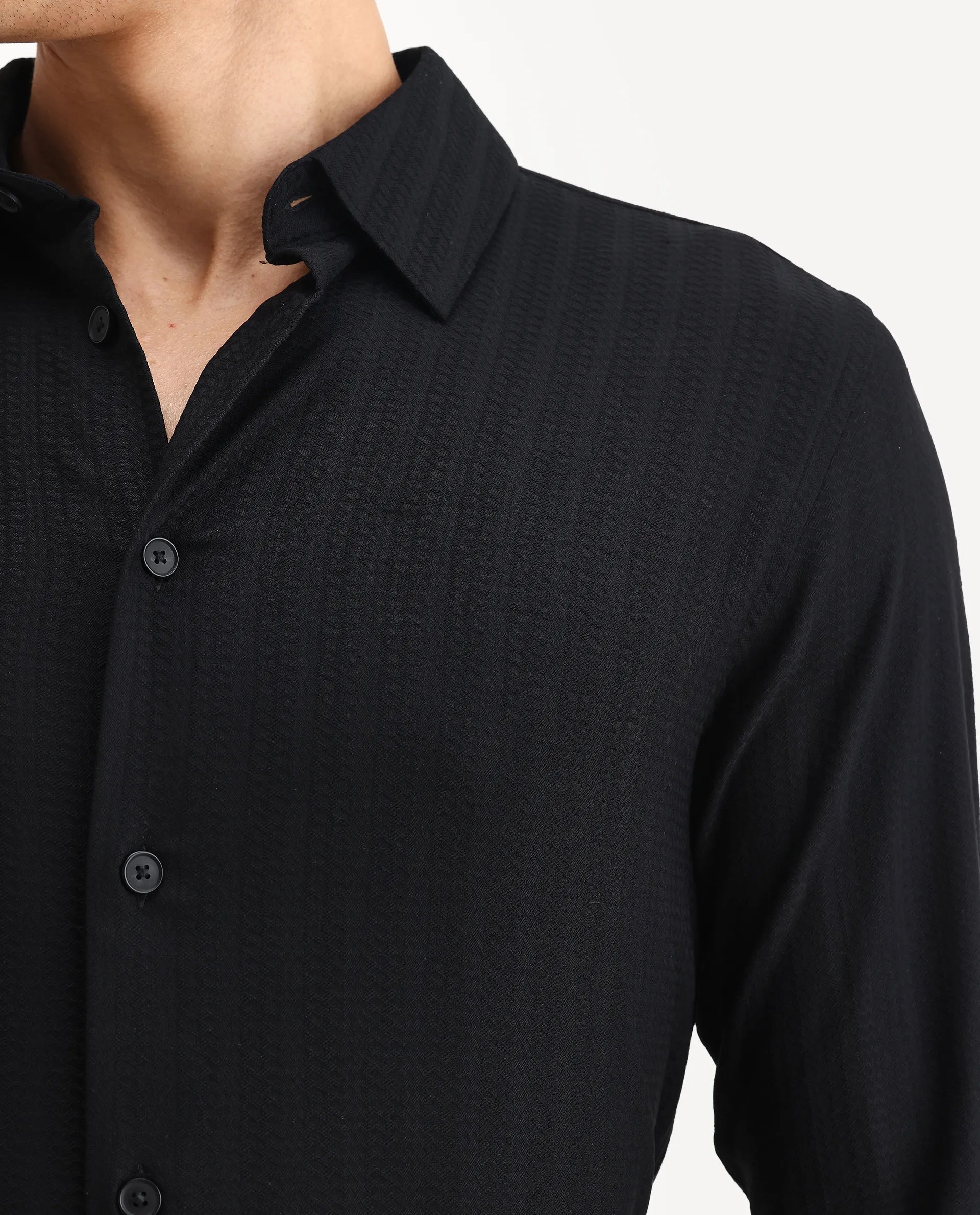 Rare Rabbit Men's Hon Black Cotton Dobby Print Regular Fit Full Sleeve Collared Shirt