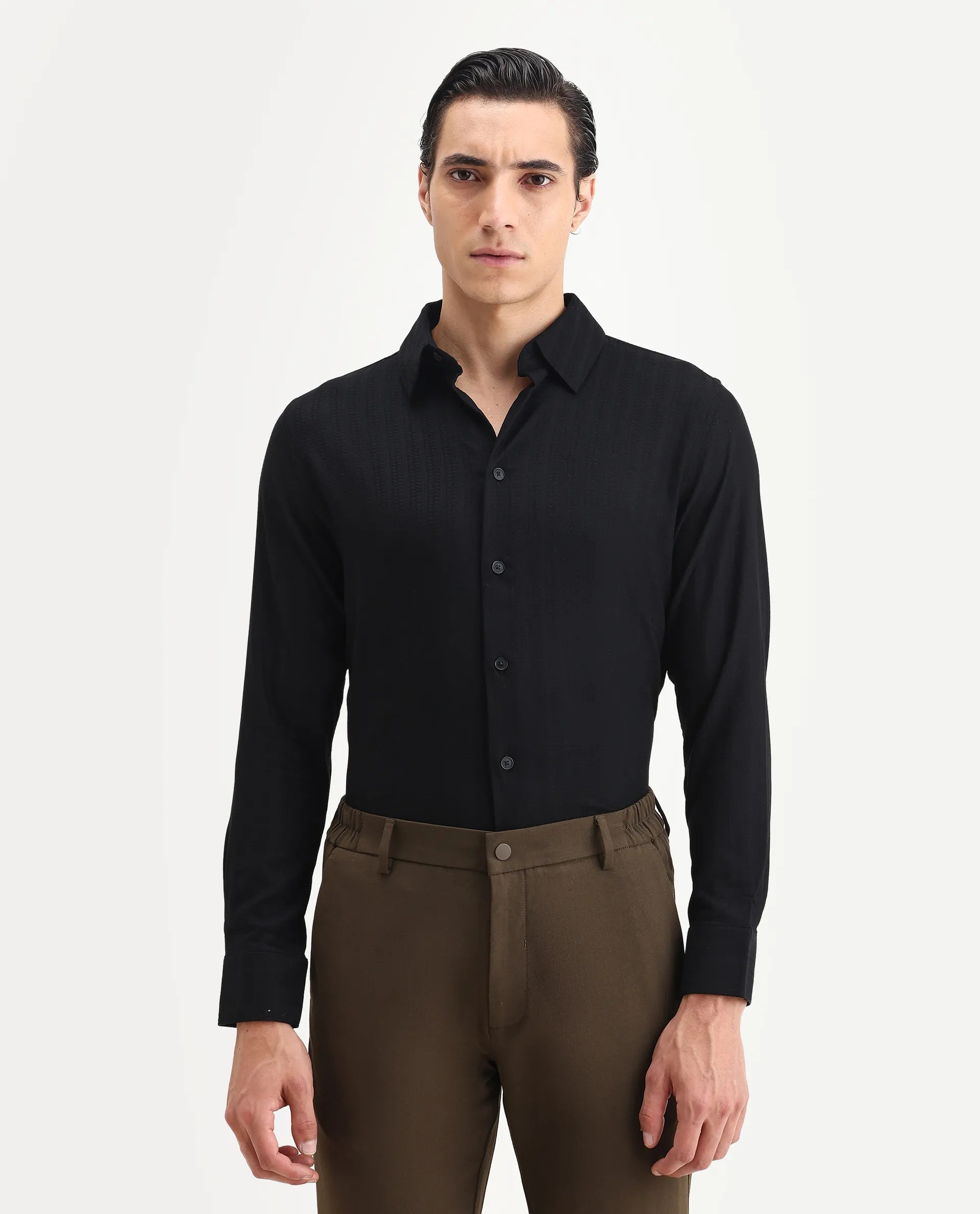 Rare Rabbit Men's Hon Black Cotton Dobby Print Regular Fit Full Sleeve Collared Shirt