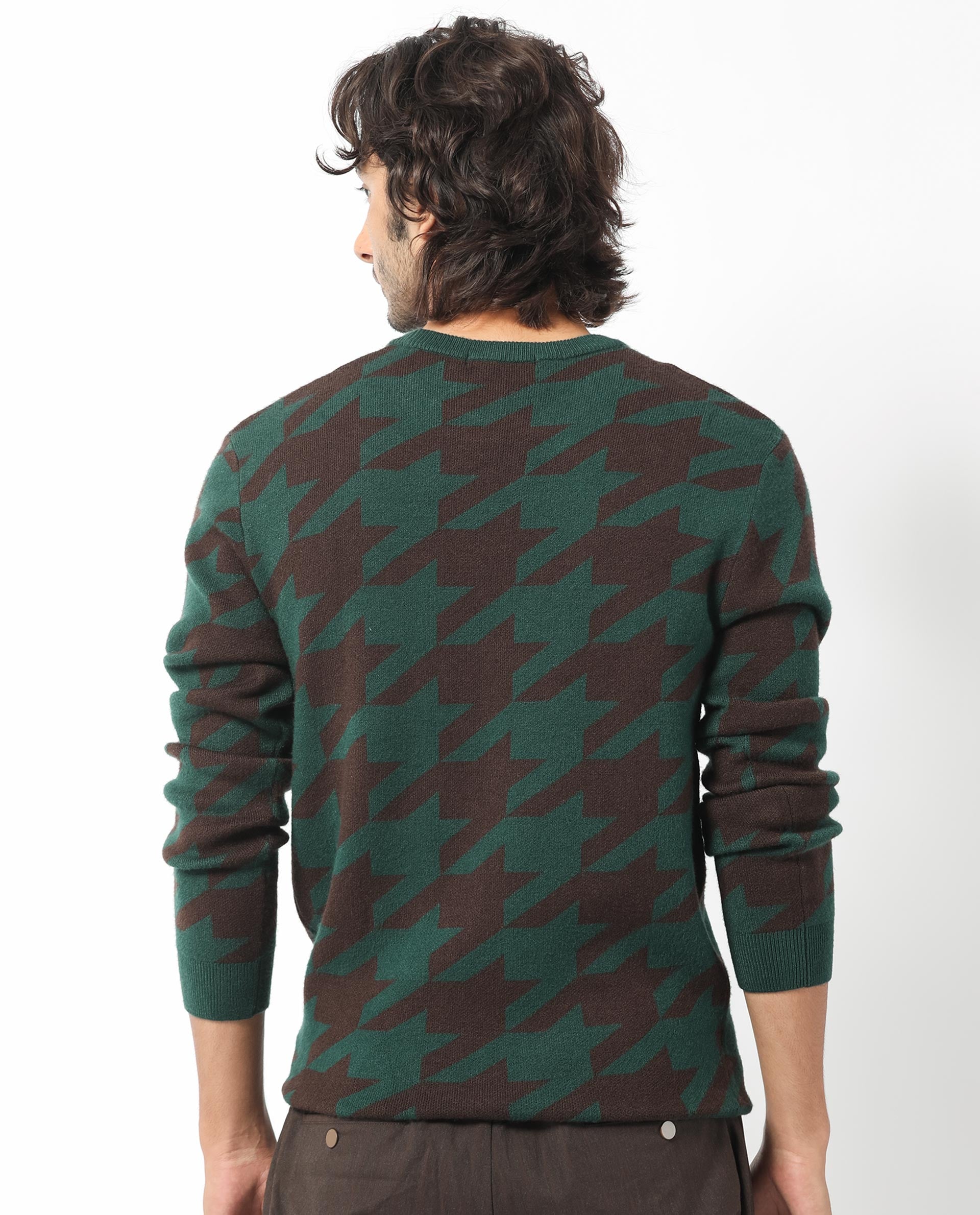 Rare Rabbit Mens Honder Dark Green Viscose Polyester Fabric Crew Neck Full Sleeves Houndstooth Jacquard Texture Sweater
