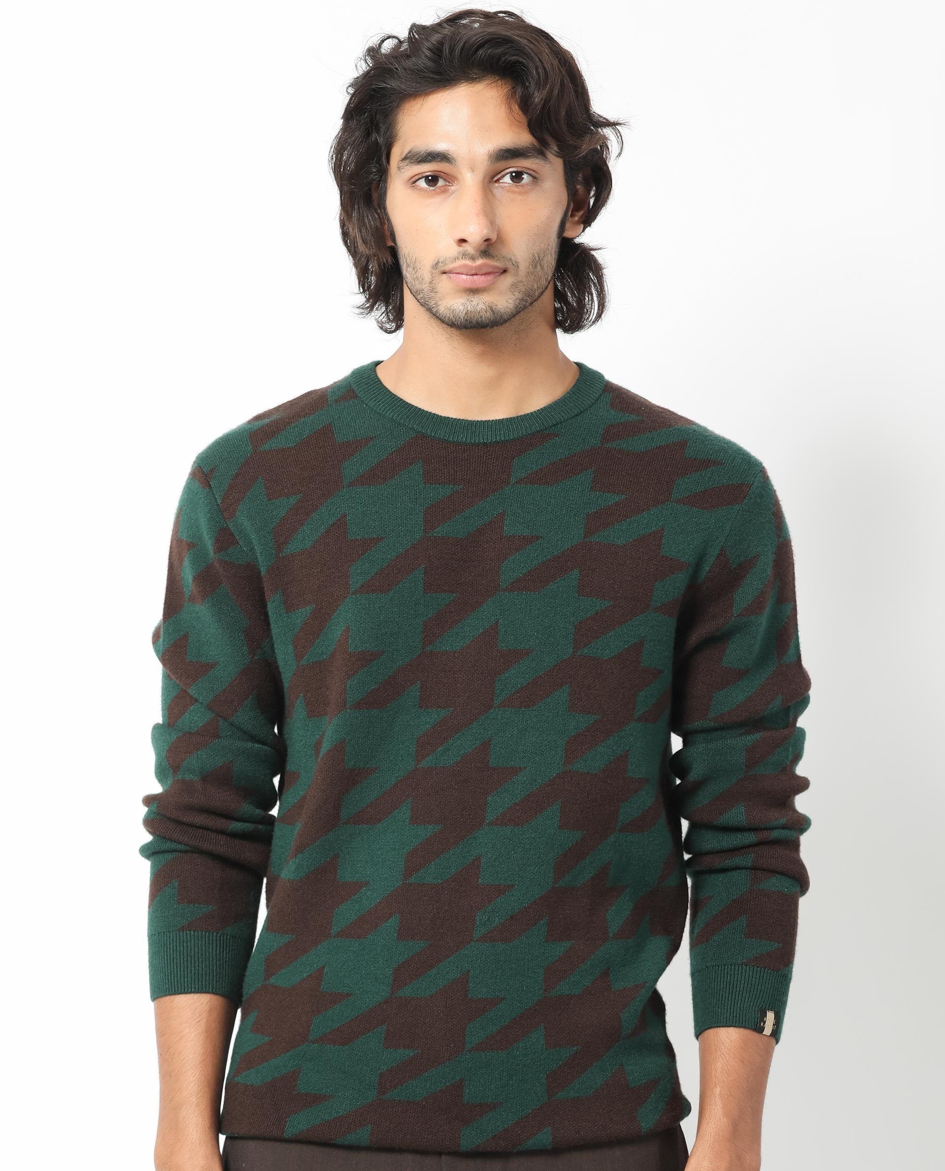 Rare Rabbit Mens Honder Dark Green Viscose Polyester Fabric Crew Neck Full Sleeves Houndstooth Jacquard Texture Sweater
