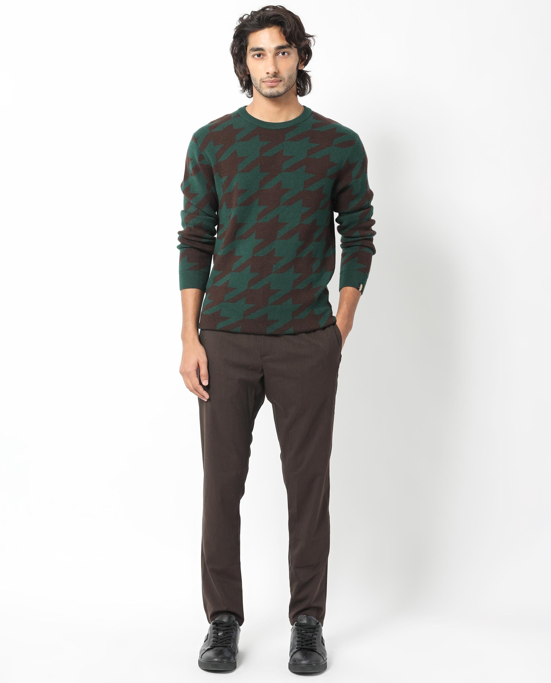 Rare Rabbit Mens Honder Dark Green Viscose Polyester Fabric Crew Neck Full Sleeves Houndstooth Jacquard Texture Sweater