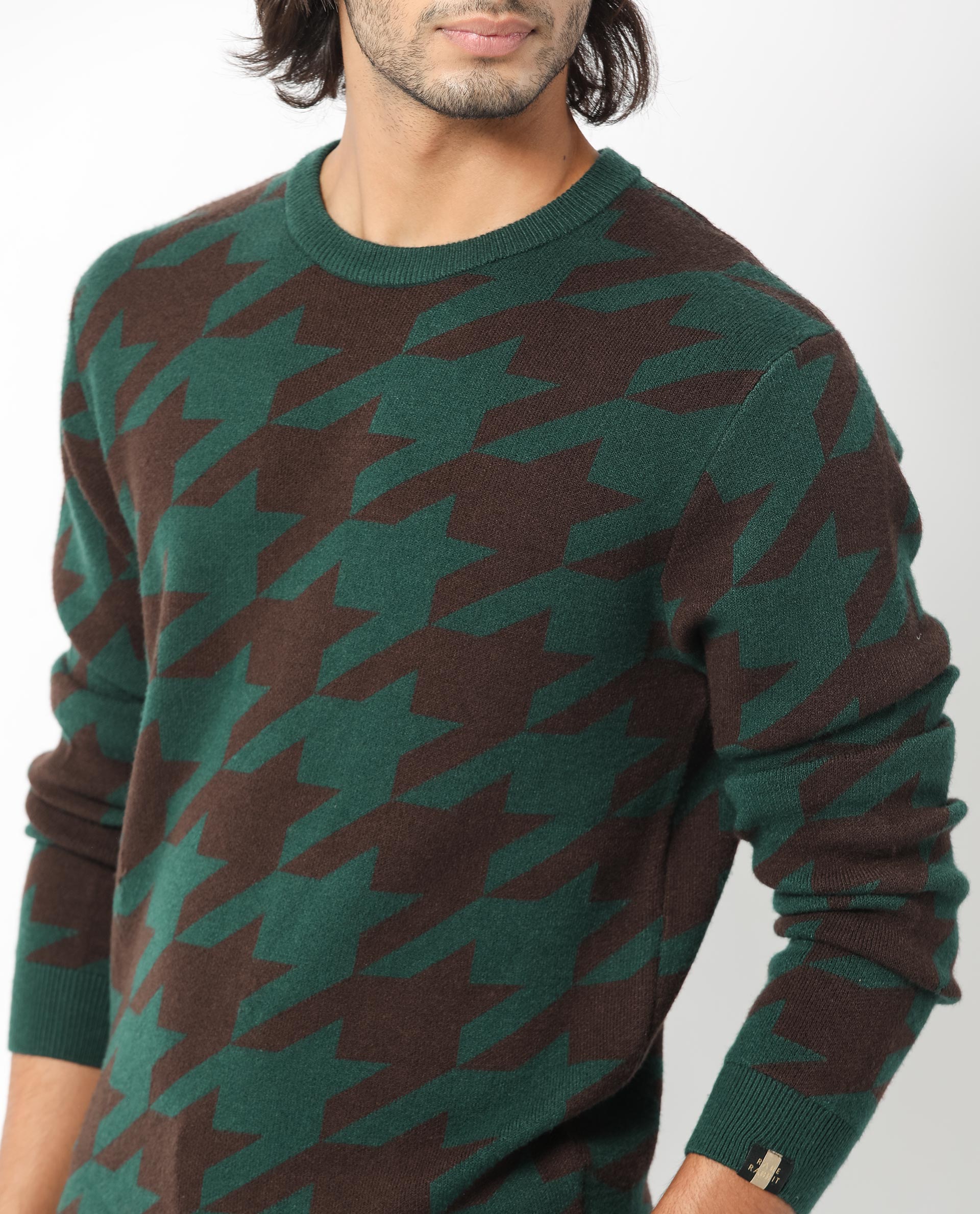 Rare Rabbit Mens Honder Dark Green Viscose Polyester Fabric Crew Neck Full Sleeves Houndstooth Jacquard Texture Sweater
