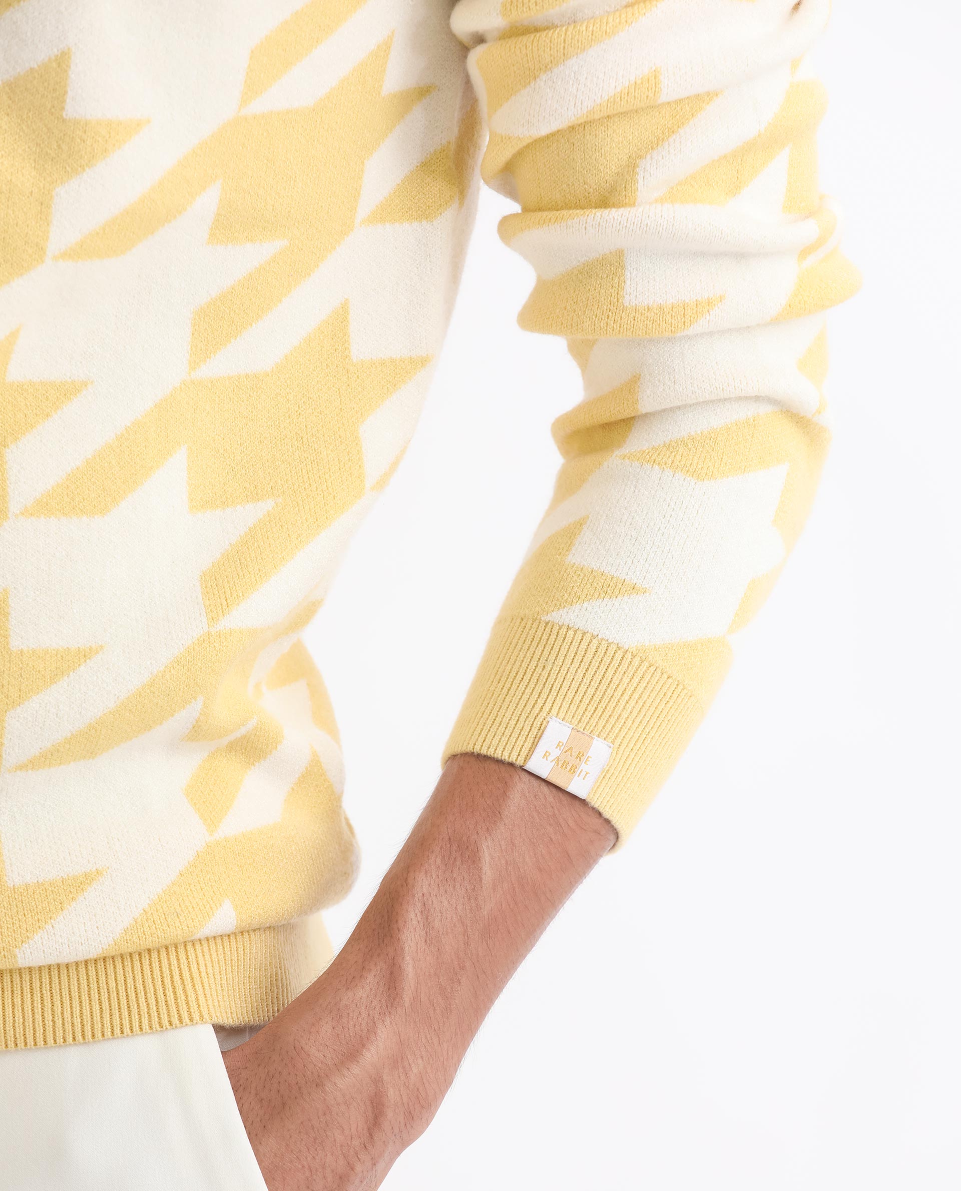 Rare Rabbit Mens Honder Yellow Viscose Polyester Fabric Crew Neck Full Sleeves Houndstooth Jacquard Texture Sweater
