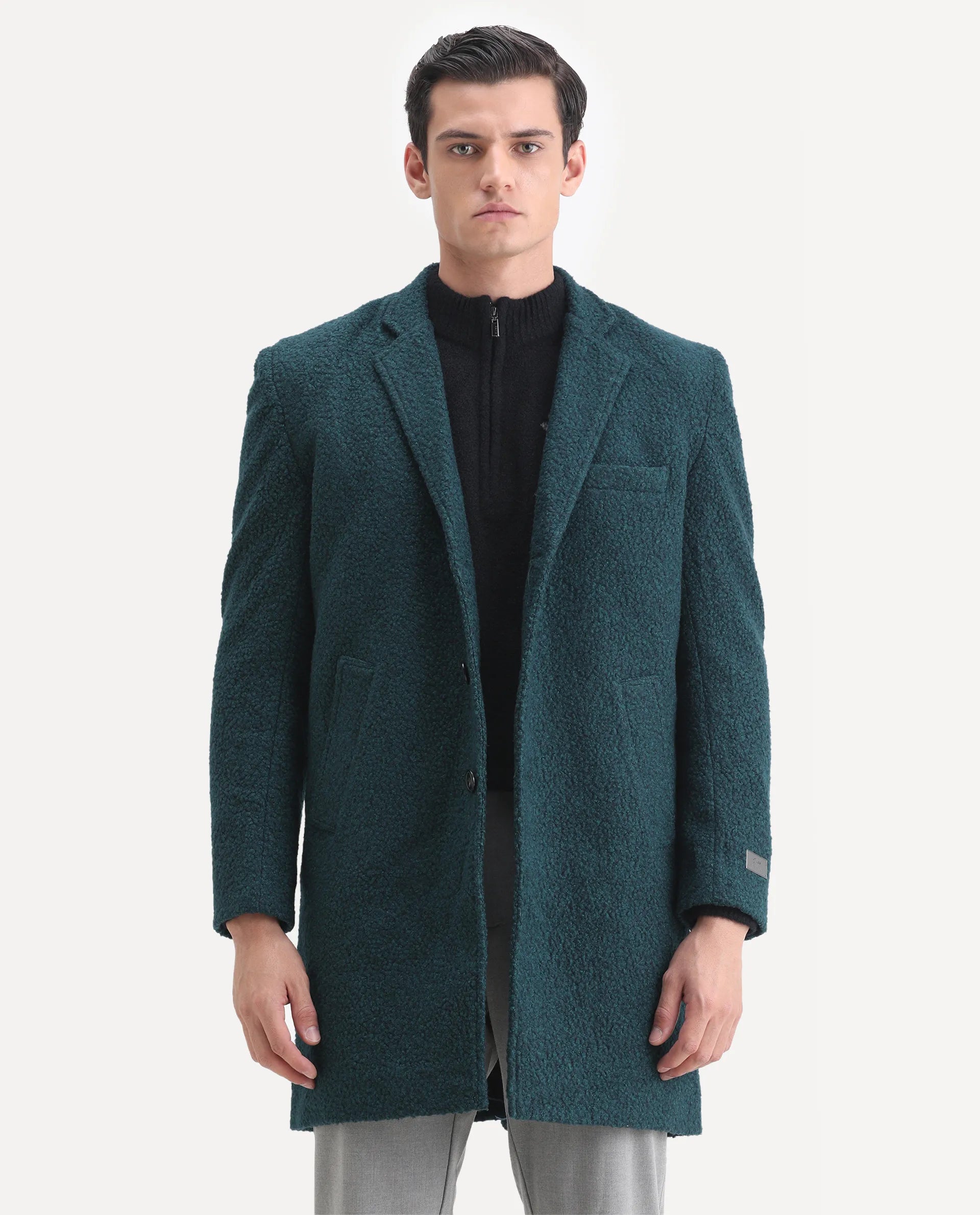 Rare Rabbit Men's Hong Green Polyester Textured Tailored Fit Full Sleeve Lapel Neck Jacket