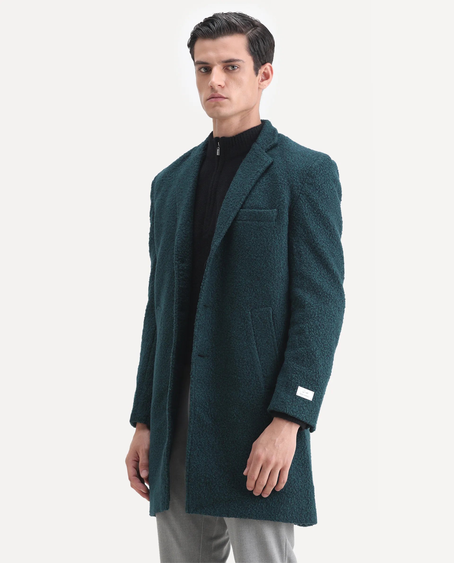 Rare Rabbit Men's Hong Green Polyester Textured Tailored Fit Full Sleeve Lapel Neck Jacket
