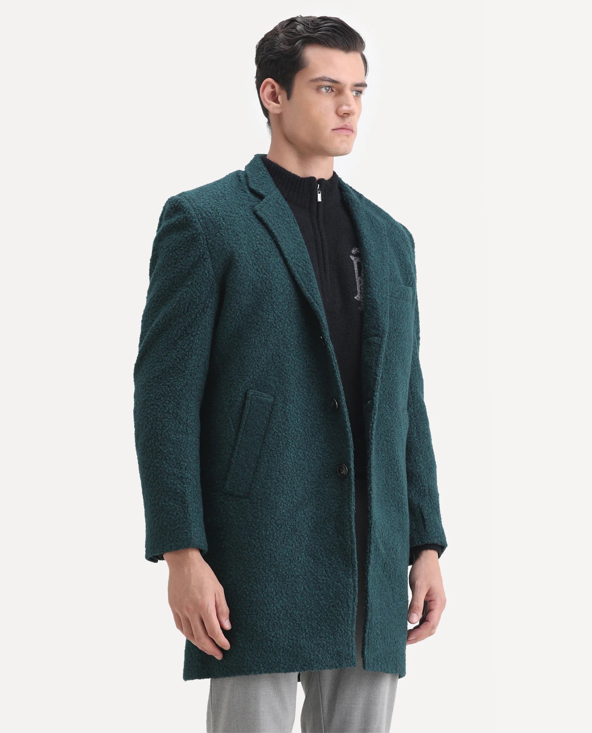 Rare Rabbit Men's Hong Green Polyester Textured Tailored Fit Full Sleeve Lapel Neck Jacket
