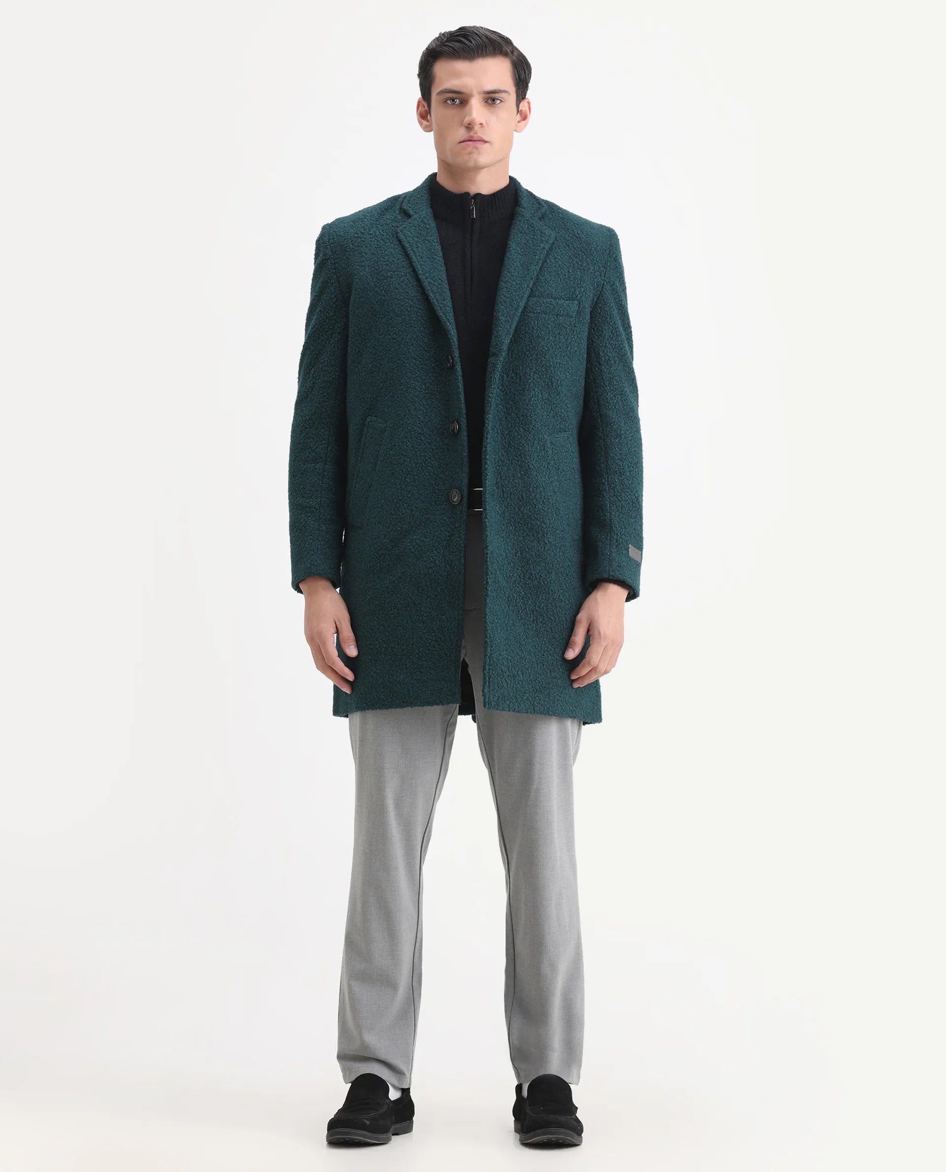 Rare Rabbit Men's Hong Green Polyester Textured Tailored Fit Full Sleeve Lapel Neck Jacket
