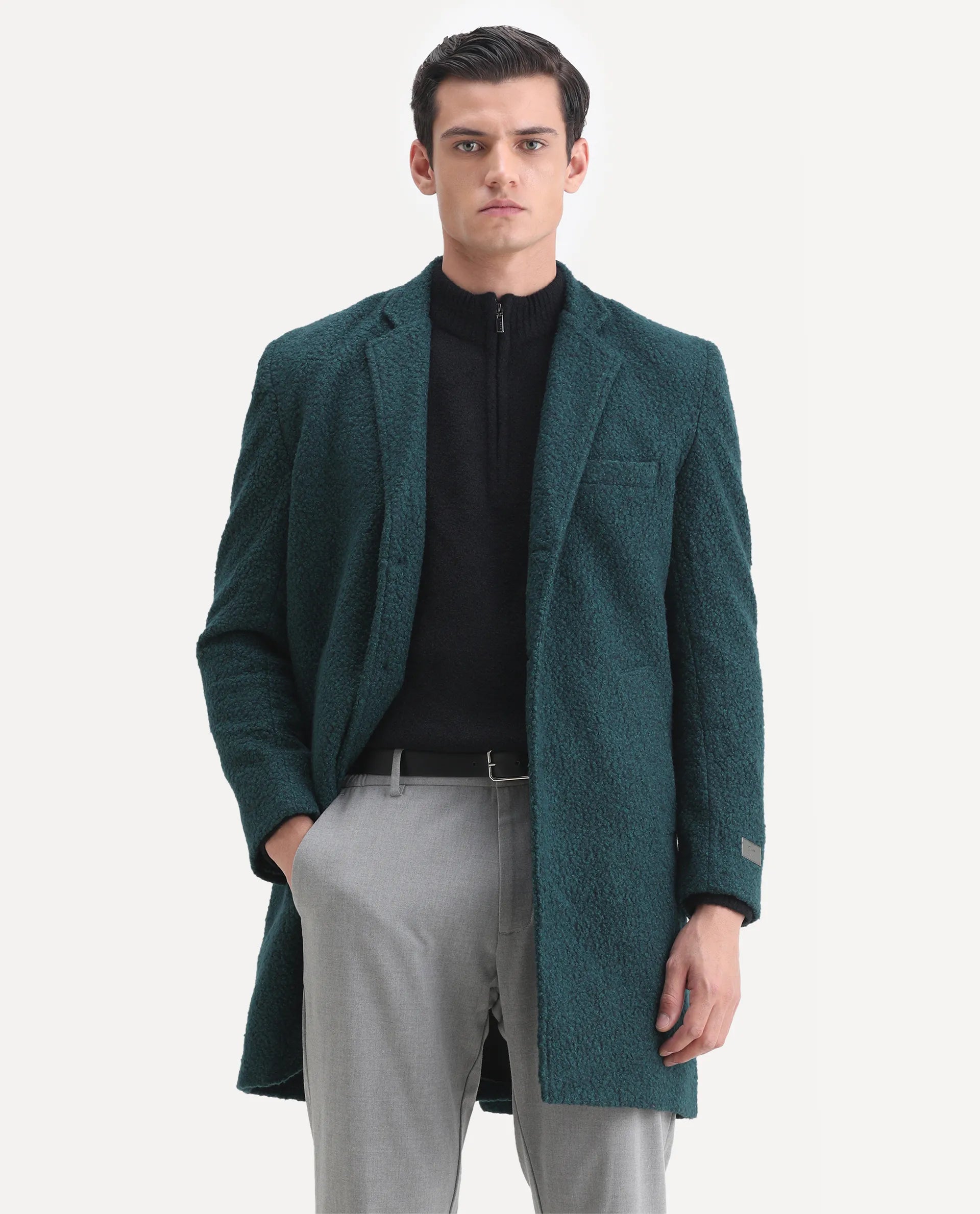 Rare Rabbit Men's Hong Green Polyester Textured Tailored Fit Full Sleeve Lapel Neck Jacket