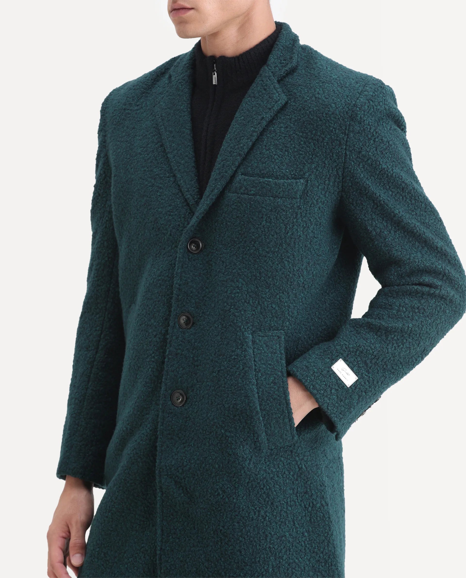 Rare Rabbit Men's Hong Green Polyester Textured Tailored Fit Full Sleeve Lapel Neck Jacket