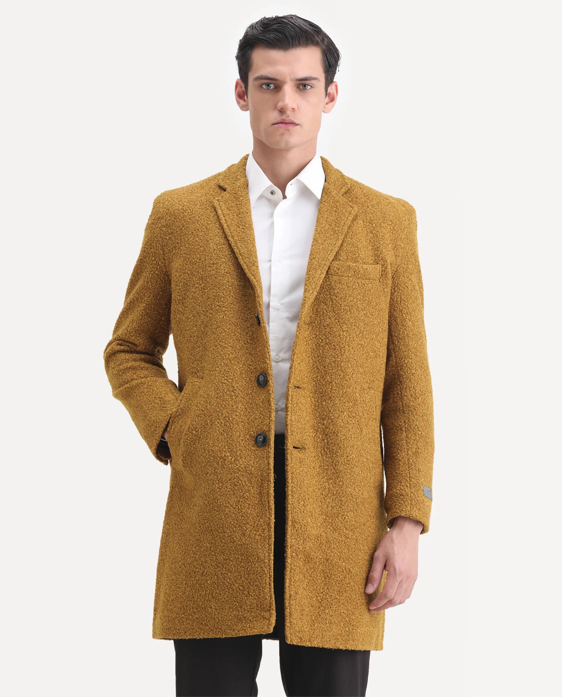 Rare Rabbit Men's Hong Yellow Polyester Textured Tailored Fit Full Sleeve Lapel Neck Jacket