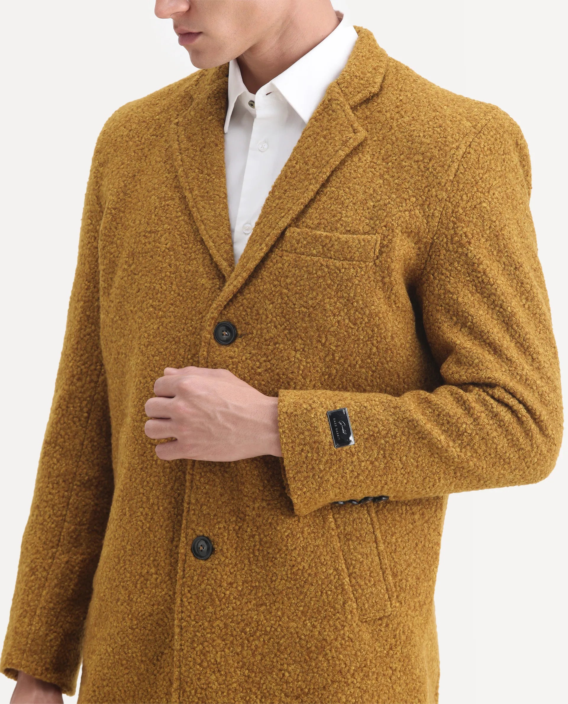 Rare Rabbit Men's Hong Yellow Polyester Textured Tailored Fit Full Sleeve Lapel Neck Jacket