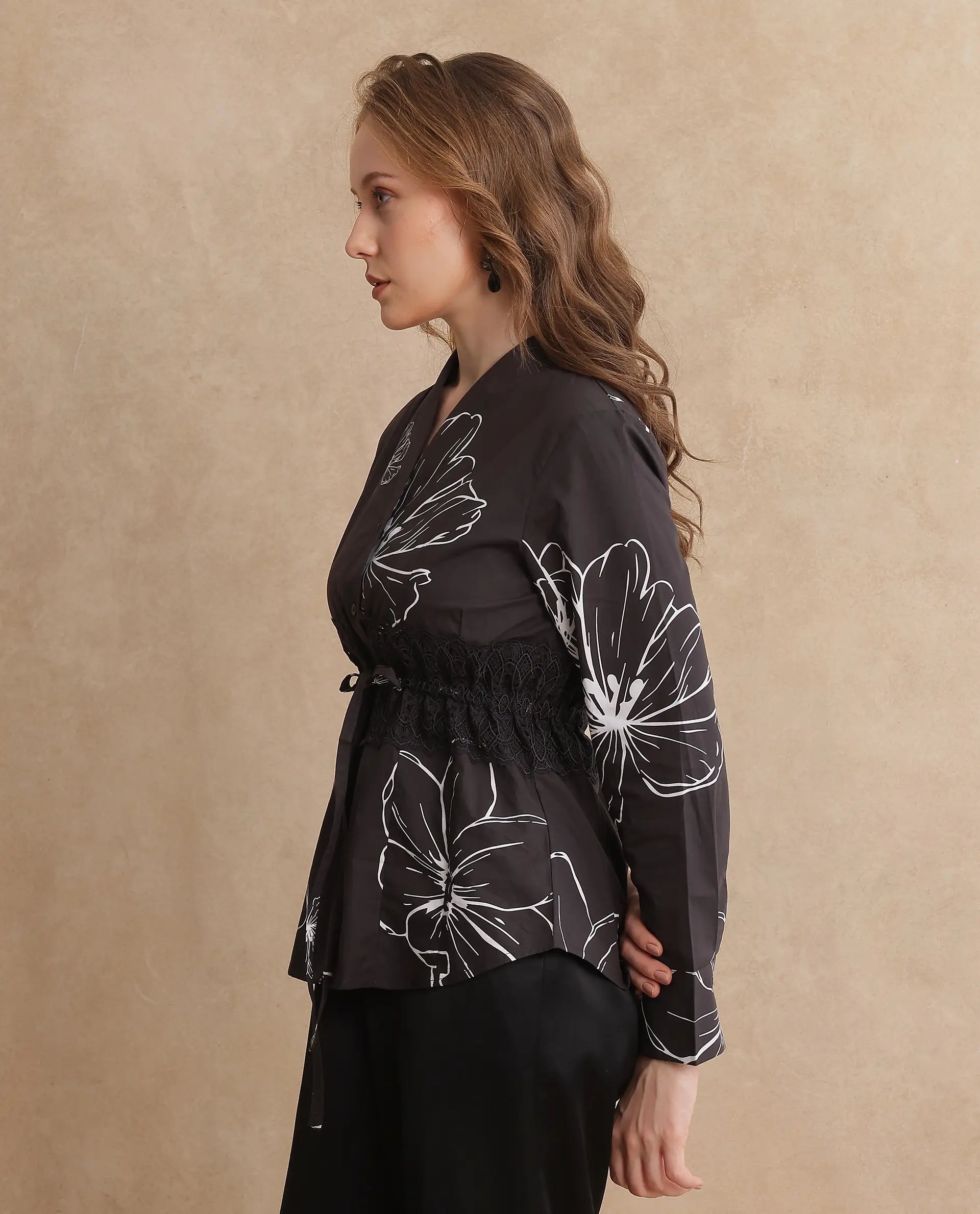 Rareism Women Hoose-SC Brown Cuffed Sleeve V-Neck Button Floral Print Top