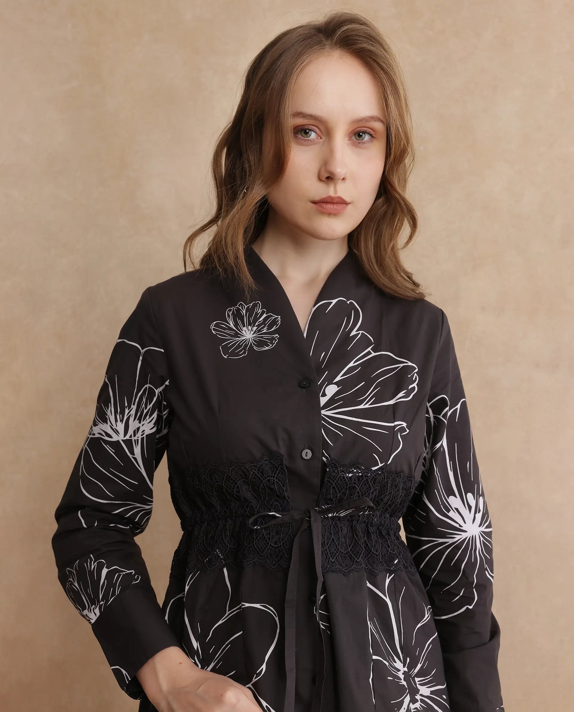 Rareism Women Hoose-SC Brown Cuffed Sleeve V-Neck Button Floral Print Top