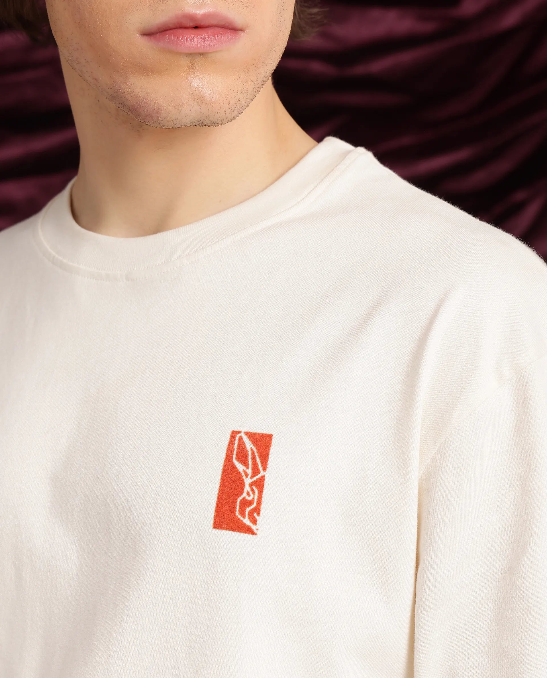 Rare Rabbit Men Hord Off White Cotton Fabric Short Sleeve Crew Neck Oversized Fit Graphic Back Print T-Shirt