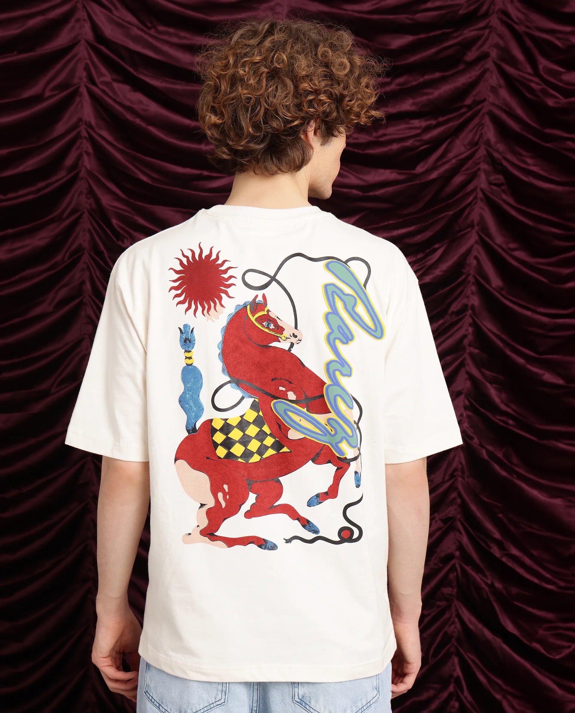 Rare Rabbit Men Hord Off White Cotton Fabric Short Sleeve Crew Neck Oversized Fit Graphic Back Print T-Shirt