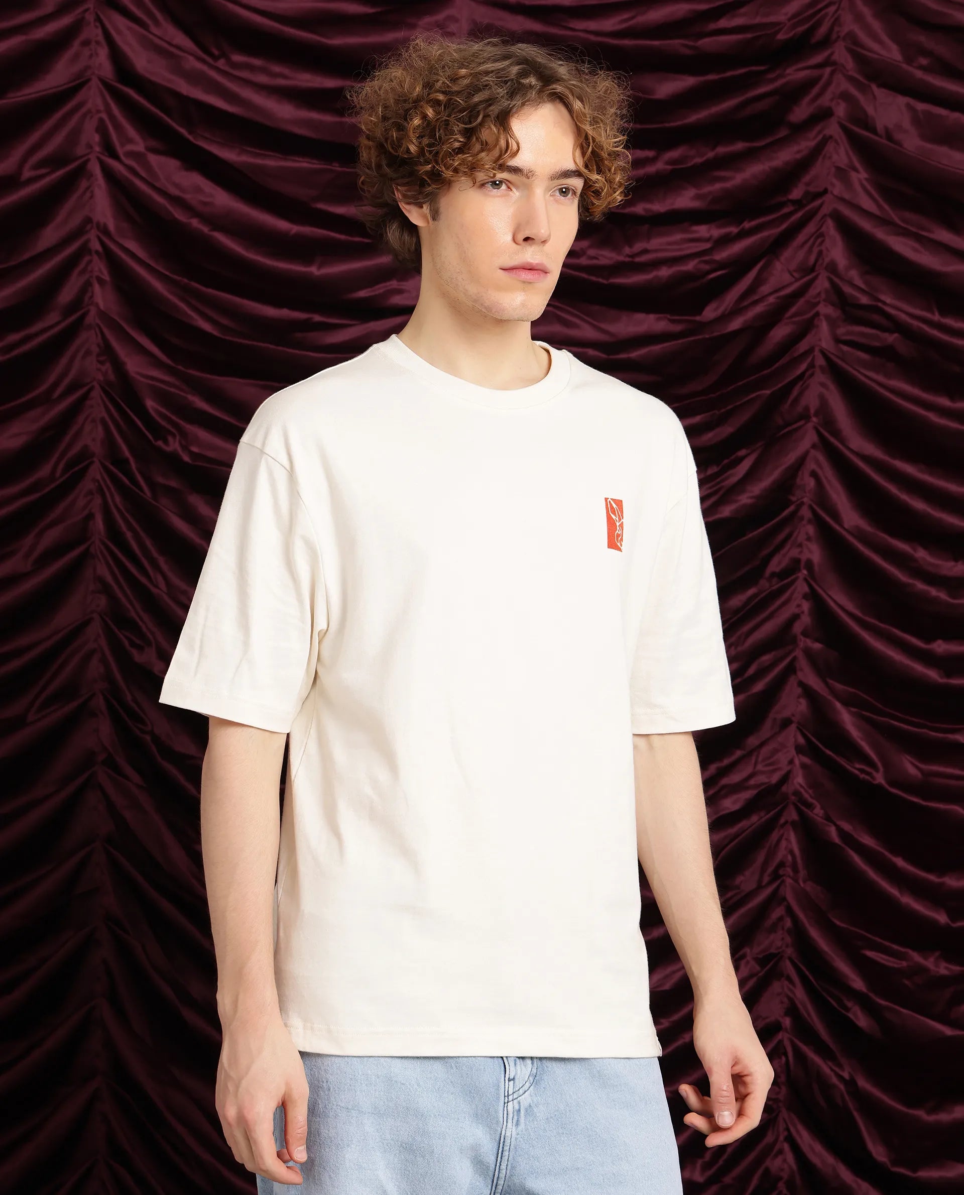 Rare Rabbit Men Hord Off White Cotton Fabric Short Sleeve Crew Neck Oversized Fit Graphic Back Print T-Shirt